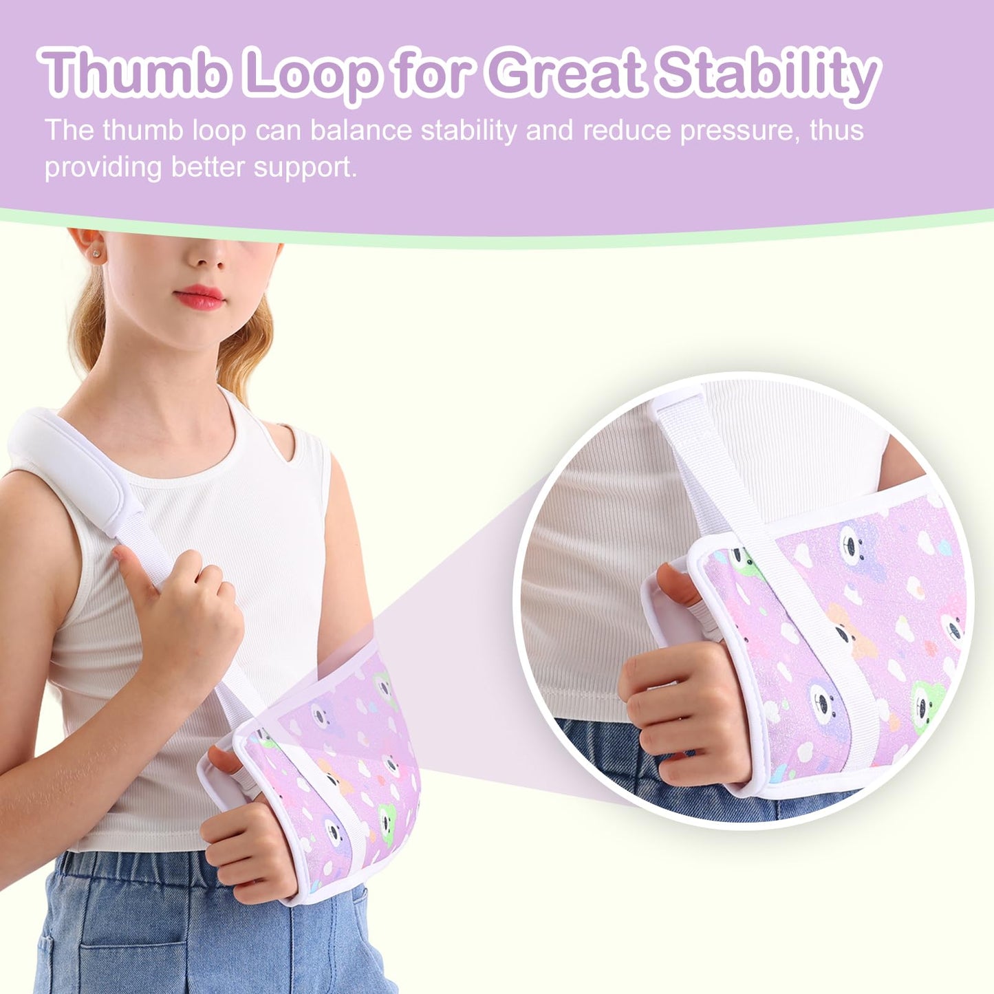 Ledhlth Kids Arm Sling for Broken Arm, Torn Rotator Cuff, Shoulder Elbow Wrist Injury, Printed Pediatric Brace Support (Purple Bear, Small)