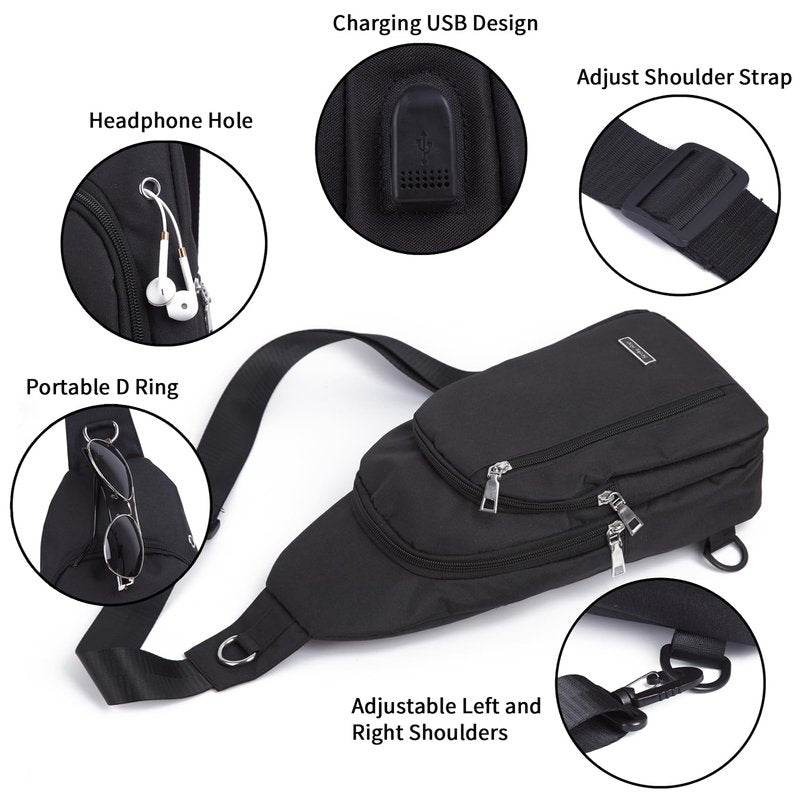 Seoky Rop Small Sling Bag for Men Women One Strap Shoulder Crossbody Backpack with USB Charging Port for Hiking Cycling Travel Black