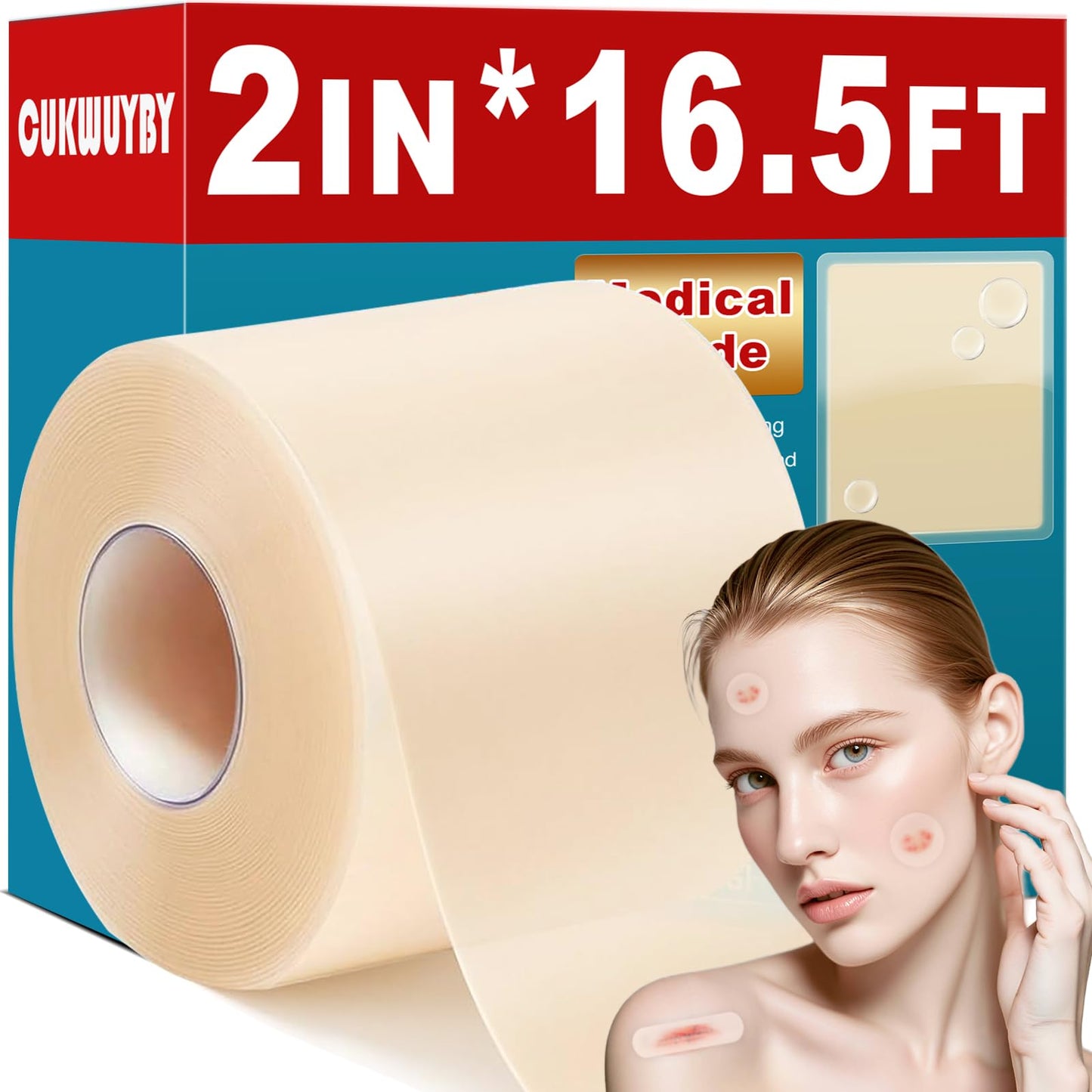 Hydrocolloid Roll for Wound Care, 2in*16.5ft Hydrocolloid Bandages with Self-Adhesive, Extra Large Hydrocolloid Patch Bandages Cut-to-Size, Ultra Absorbent, Waterproof