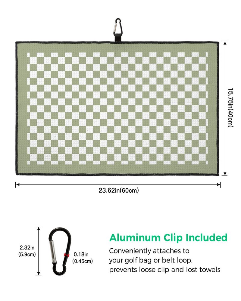 Savannan Golf Towels, Checkerboard Sage Green Checkered Spring Durable Microfiber Waffle Materials Absorbent Golf Accessories with Handy Clip for Women, Men, 24x16 Inch