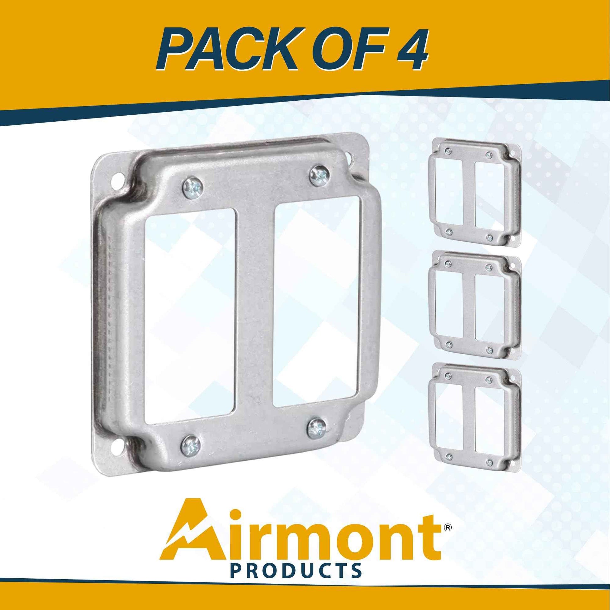 (Pack of 4) 4" Square Double Decora Switch Electrical Box Cover, 1/2" Raised, Exposed Work, Galvanized Steel, Crushed Corners, 2-Gang