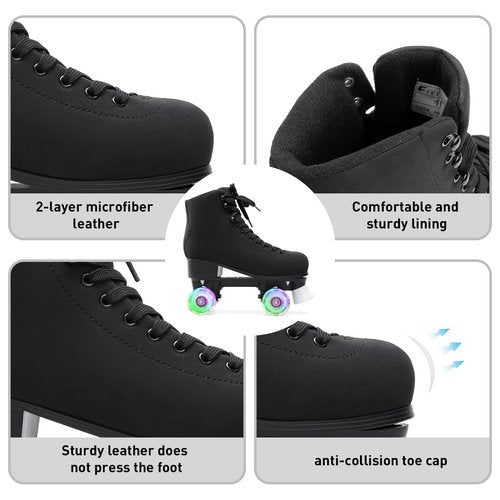 FEETCITY High-Top Roller Skates - Adult & Youth, Indoor & Outdoor, 4-Wheel Double Row, Size 6 - Black