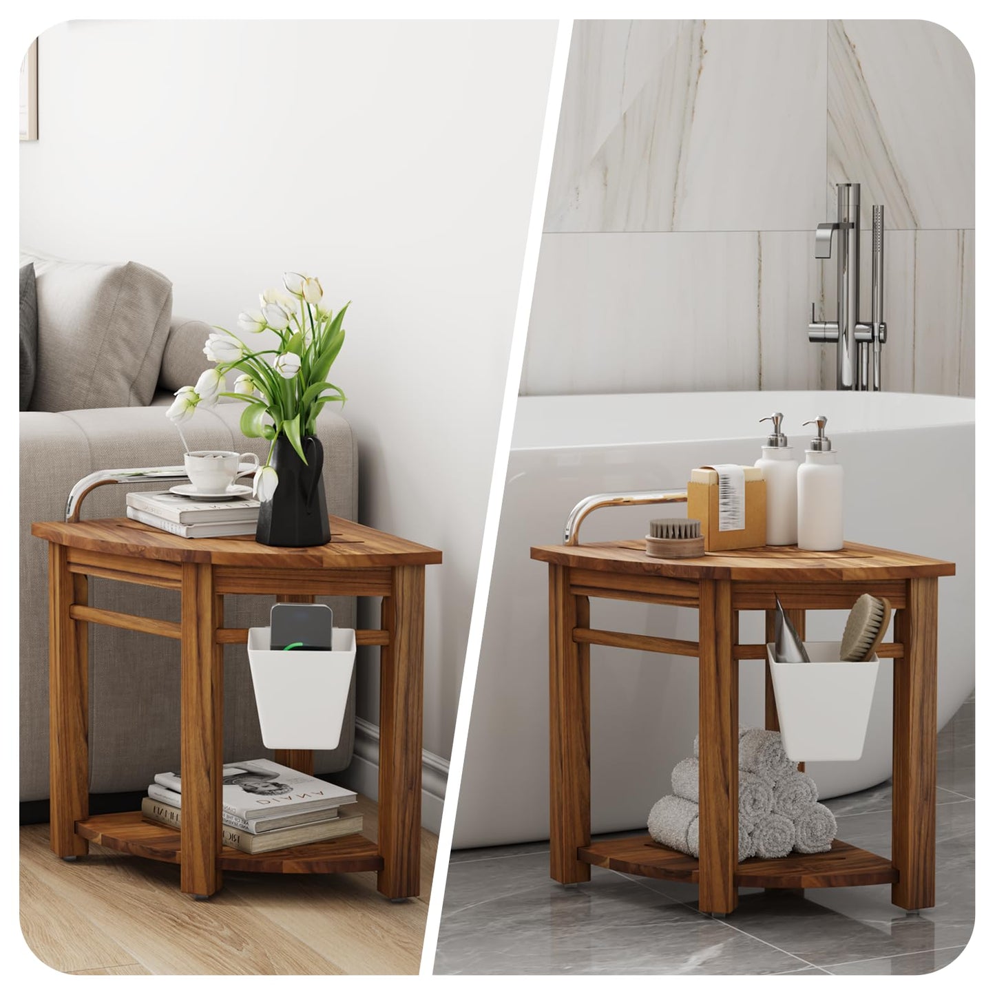 Kiasthome Teak Corner Shower Bench, Waterproof Bathroom Teak Shower Bench, Sturdy Non-Slip Bath Shower Foot Stool for Shaving Legs with Storage Baskets and Shelves