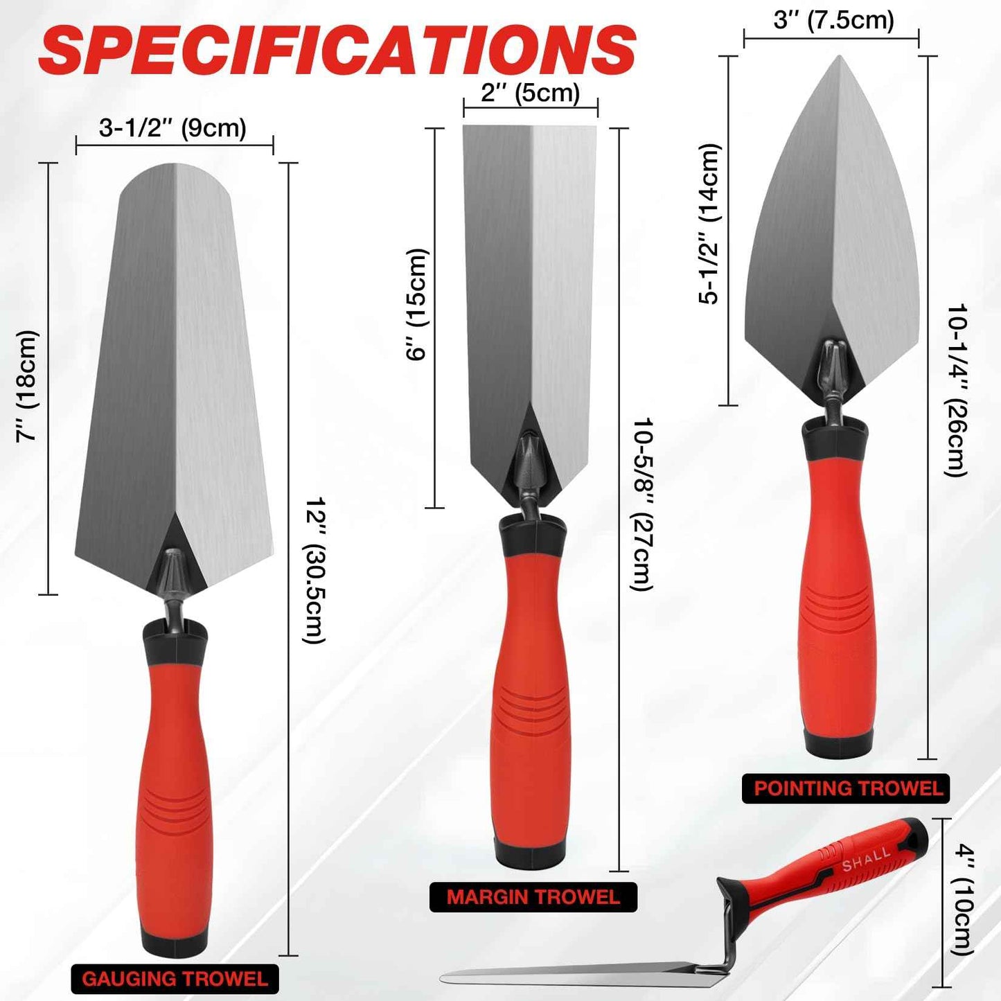 SHALL 3-Piece Masonry Tools Set, 6’’ Margin Trowel, 5.5’’ Pointing and 7’’ Gauging Trowel with Soft Grip Handle, Bricklaying Hand Tool for Concrete, Cement, Plaster, Tile Construction Projects