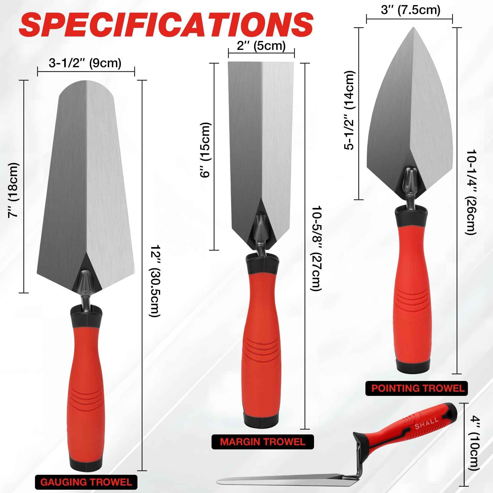 SHALL 3-Piece Masonry Tools Set, 6’’ Margin Trowel, 5.5’’ Pointing and 7’’ Gauging Trowel with Soft Grip Handle, Bricklaying Hand Tool for Concrete, Cement, Plaster, Tile Construction Projects
