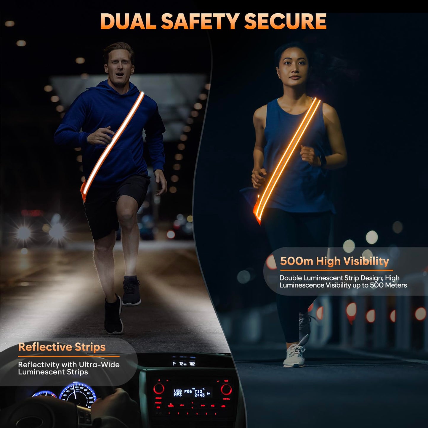 LED Reflective Night Running Gear High Visibility LED Flashing Sash Outdoor Running Cycling Hiking Jogging Rechargeable Illuminating Reflective Gear for Men and Women Night Safety Walking Gear(Orange)