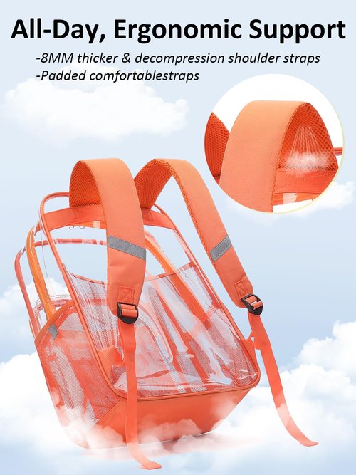 QOECI Clear Backpack Heavy Duty With A TSA Lock, 18 Inch Large Clear Back pack, Transparent See Through Bookbag for College, Work, Travel, Sport- Orange