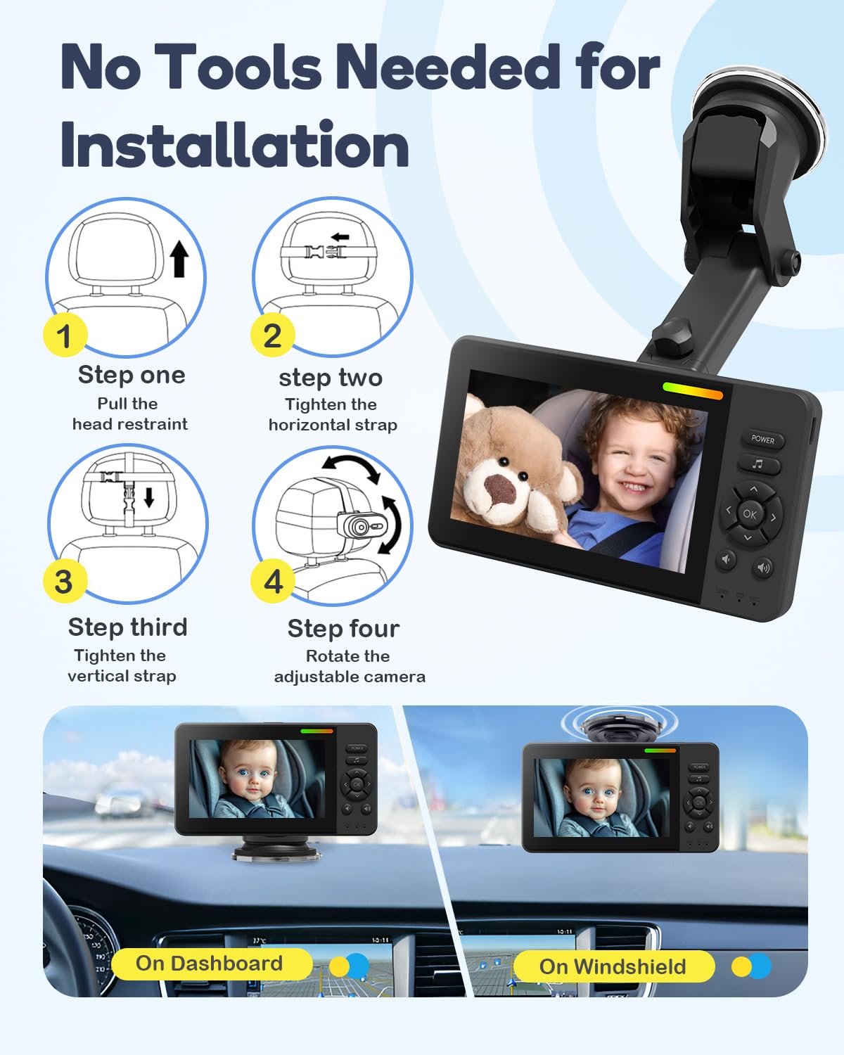 Wireless Baby Car Camera Monitor – 4.3" Display + 360° Rotating Cam for Rear-Facing Seats, No Wi-Fi Needed,1080P HD with Auto IR Night Vision, USB & Battery Powered,Easy-Install