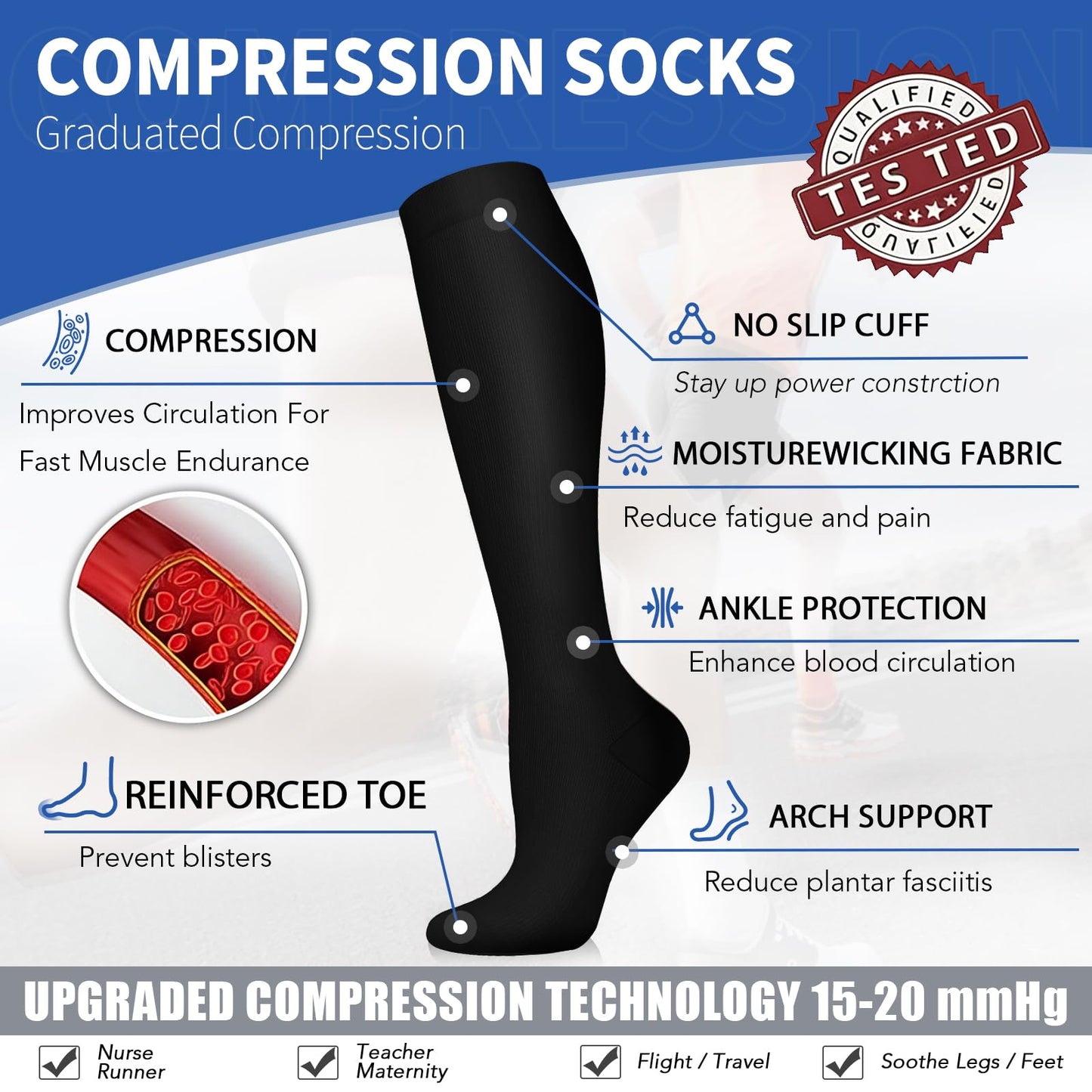Sooverki Compression Socks for Men & Women 8 Pack 15-20mmHg - Knee High Stockings Leg Warmers Best Support for Running Athletic Work Cycling Travel Black Nylon Polyester Gifts Mujer Hombre