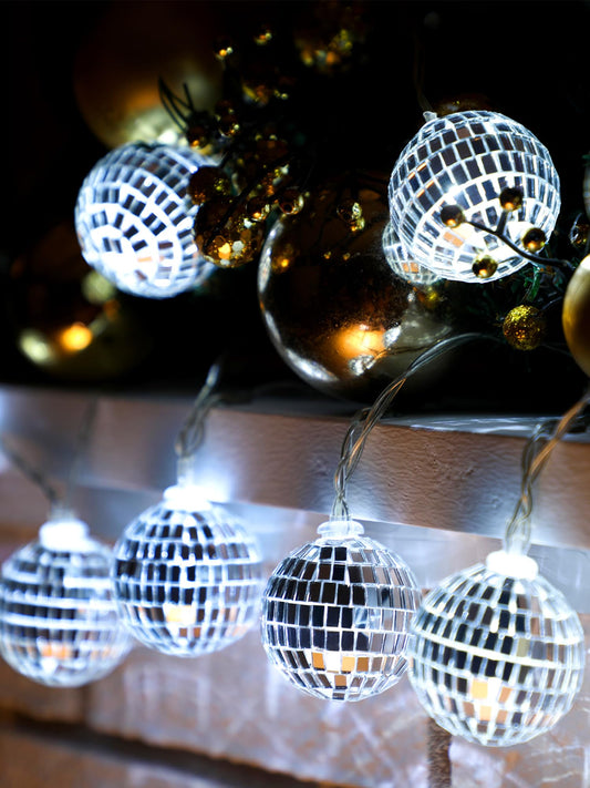 BBTO LED Disco Ball String Light Battery Powered Mirror Balls Ornaments for Outside Backyard Porch 70s 80s Disco Party Supplies(1.18 Inch,Silver White)