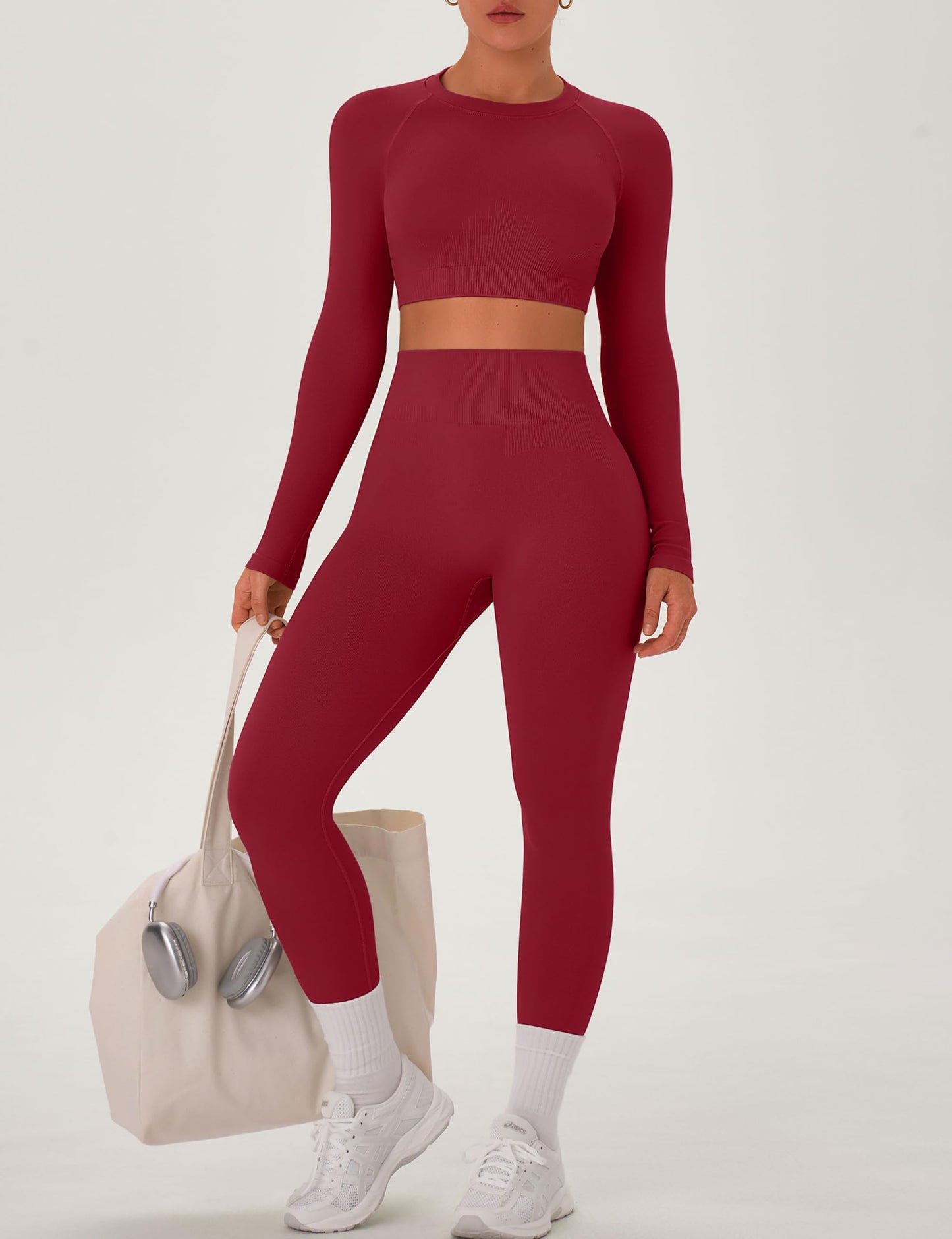 OLCHEE Womens Workout Sets 2 Piece Seamless Long Sleeve Crew Neck Crop Top Shirts Scrunch Butt Leggings Gym Yoga Outfits - Cherry Red Large