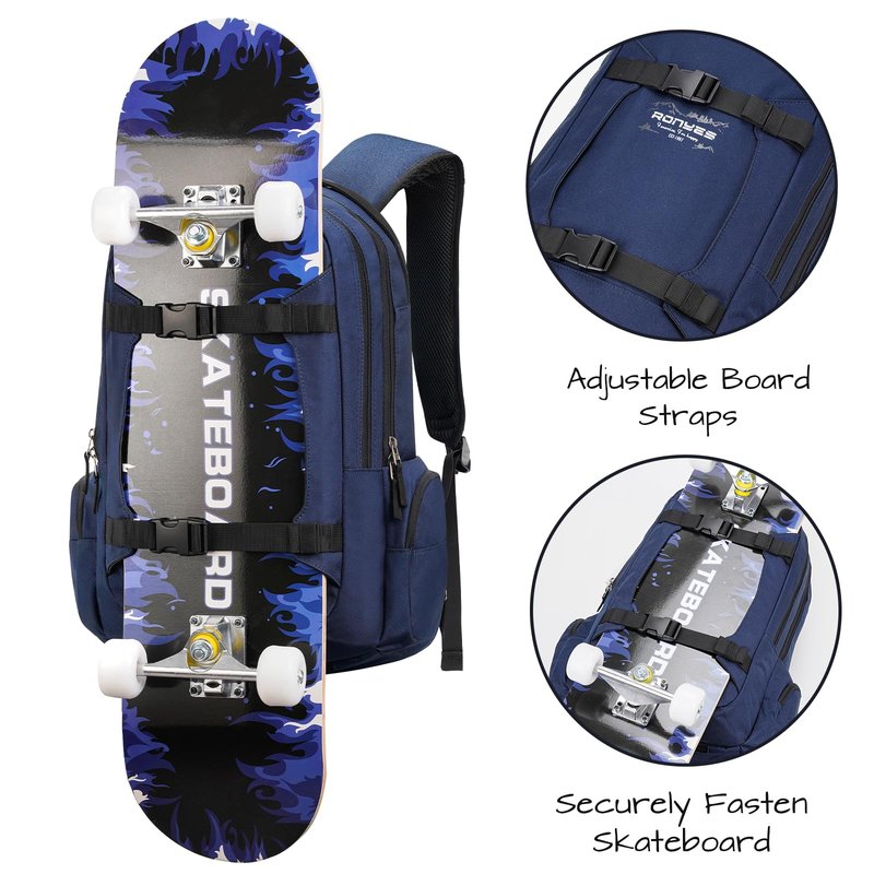 Ronyes Skateboard Backpack, Skateboard Bag,17.3 Inch Laptop Backpack with USB Charging Port, Basketball Longboard Backpack for Sports Travel Blue