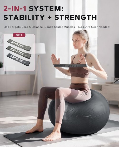 HAPBEAR Exercise Ball - Anti-Burst, Slip-Resistant Yoga & Pilates Ball | Core Training & Posture Improvement, 22''/26''/30'' Sizes, Includes Quick Pump & 3 Resistance Bands