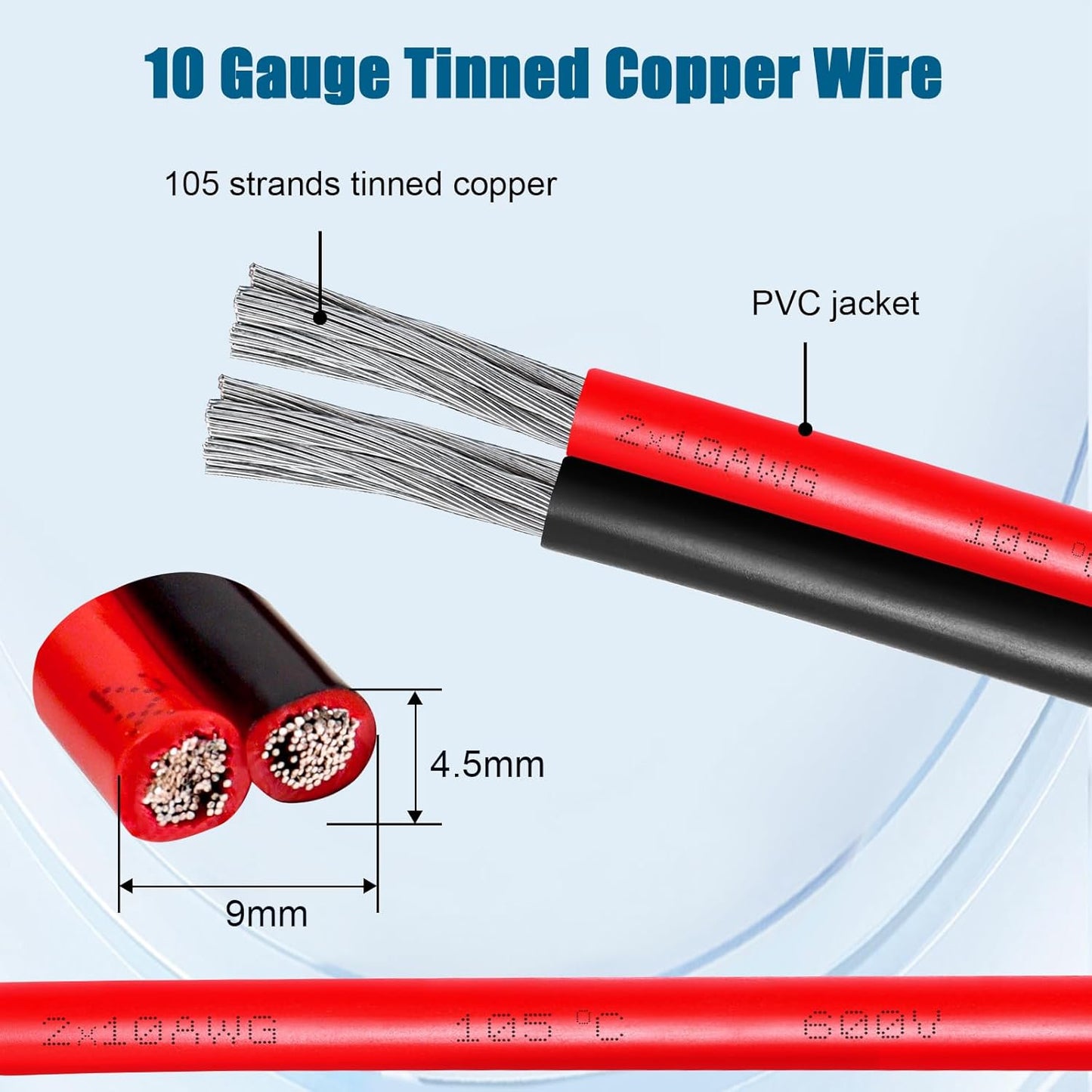 Tinned Copper Cable - 10 Gauge 2 Conductor Marine Wire | Flexible 10 AWG for Solar, LED, Boat & Automotive (10FT)