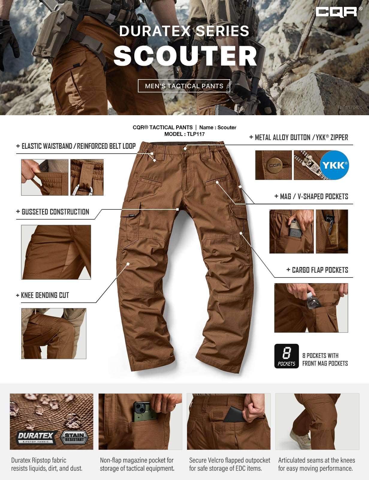 CQR Men's Tactical Pants, Water Resistant Ripstop Cargo Pants, Lightweight EDC Work Hiking Pants, Outdoor Apparel, Raider Copper Brown, 34W x 32L