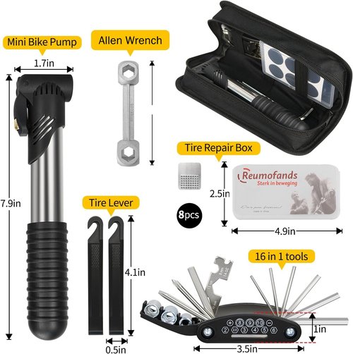 Bike Repair Tool Kit Bicycle Repair Bag with Tire Pump, 16-in-1 Bike Multitool Kit for Mountain Road, Bicycle Tire Repair Kit, Multitool Bicycle Accessories for Road Mountain Bike