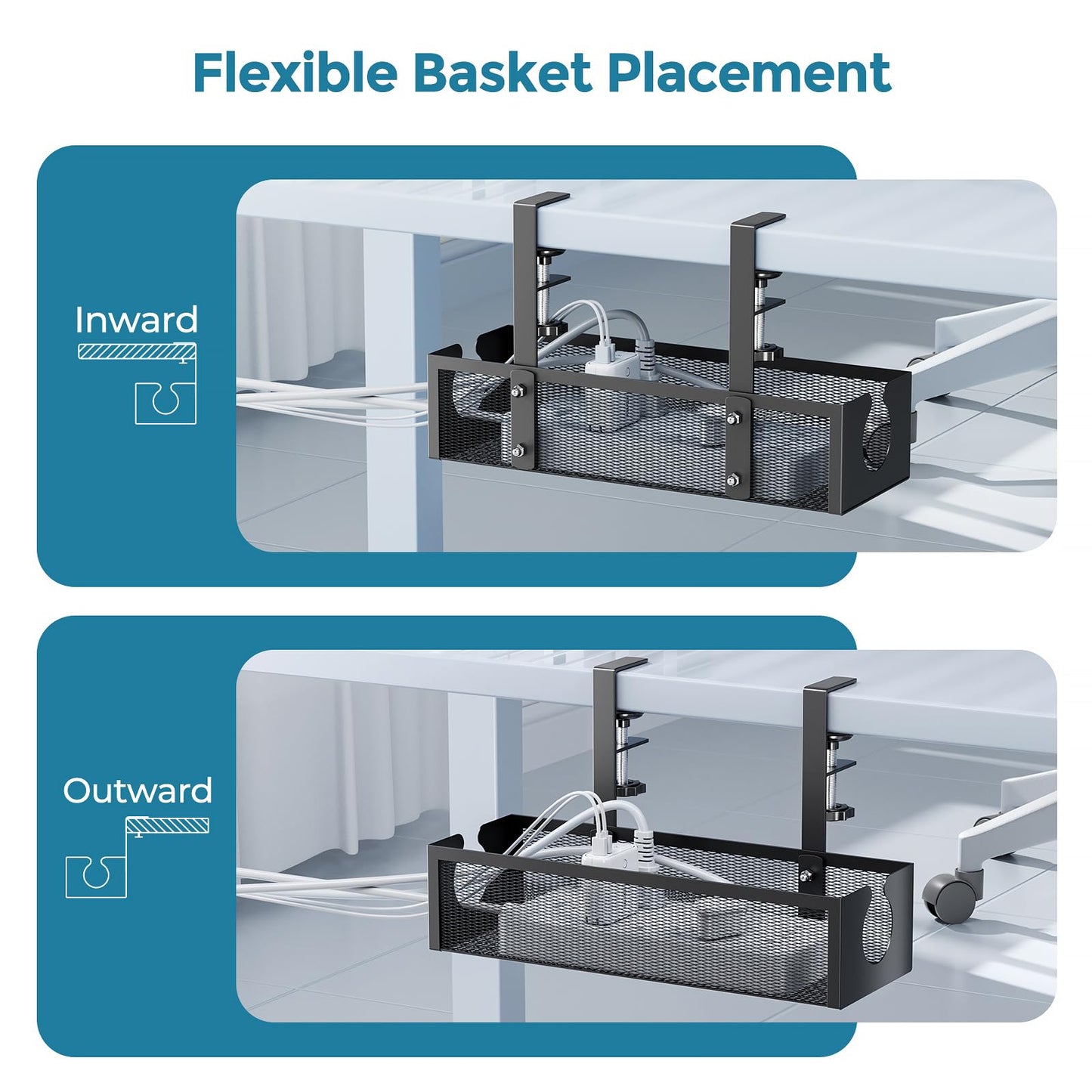 YECAYE No-Drill Metal Under Desk Cable Management Tray, Power Strip & Cable Organizer for Home Office,Under Desk Storage,Organizer Tray,Black