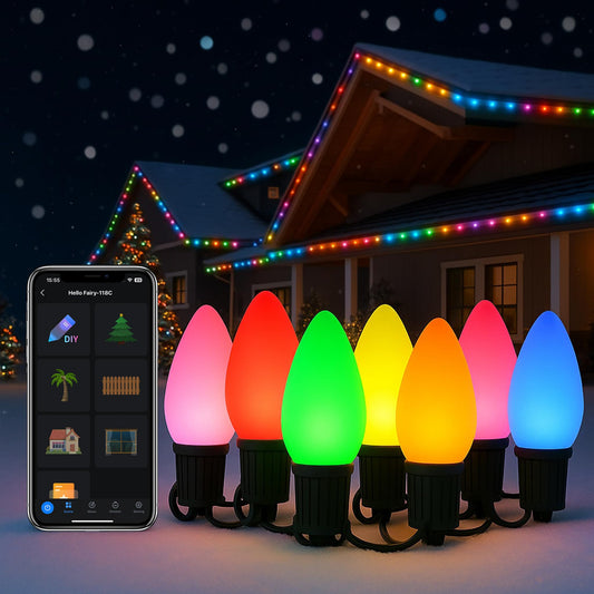 Probro Smart C9 RGB Christmas Lights, 66 FT 100 LEDs with APP, Music Sync, 105 Dynamic Modes, Waterproof Connectable String Lights for Outdoor Roofline, Xmas Tree, Holiday Party, Commercial Decor