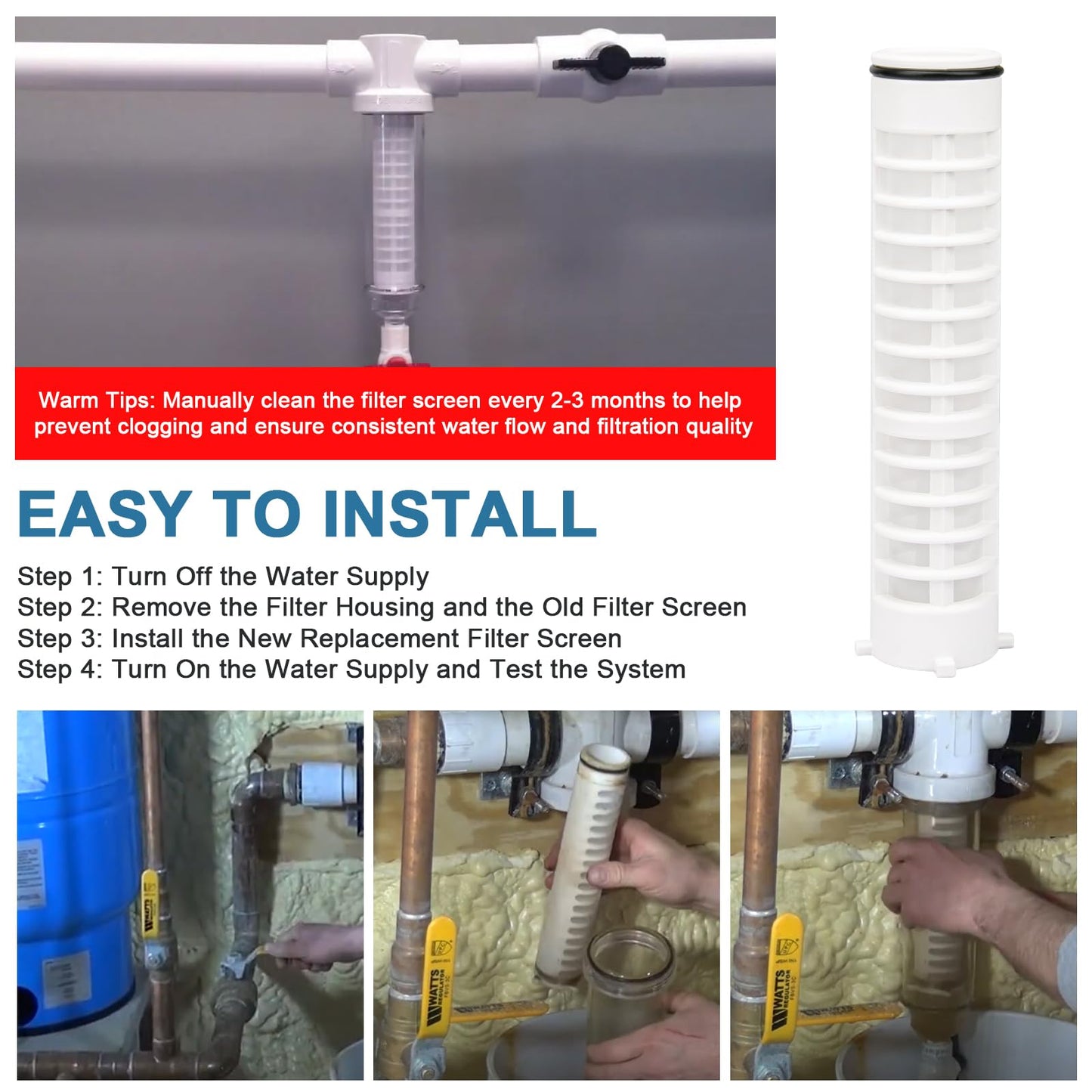 Replacement 1-1/2" 100 Mesh Spin Down Filter Screen FS1-1/2-Re for Rusco & Vu-Flow Filtration System, FS1 1/2-100 Water Filter Element Effectively Filters Sand and Silt, Protecting Plumbing - 5 PACK