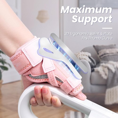 CURECARE 2-in-1 Thumb Brace - Removable Spica Splint for Left/Right Hand | 3-Level Stability, Pink (S/M)