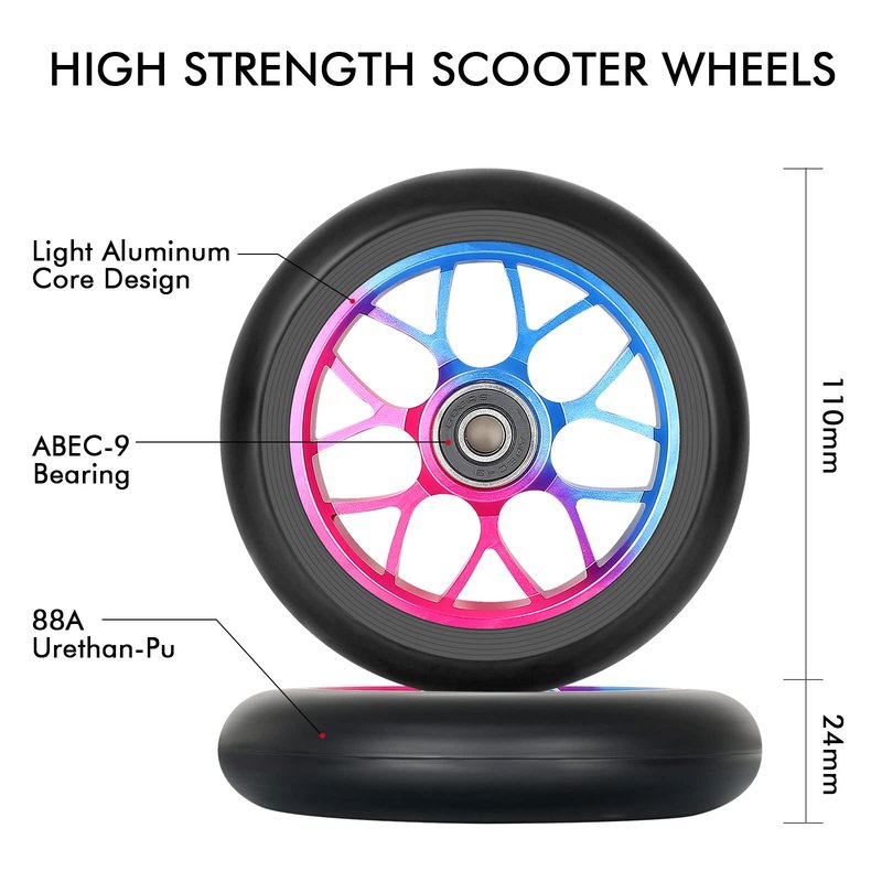 110mm Scooter Wheels, Pro Scooter Replacement Wheel W ABEC-9 Bearing, 1 Pair (Blue + Red)