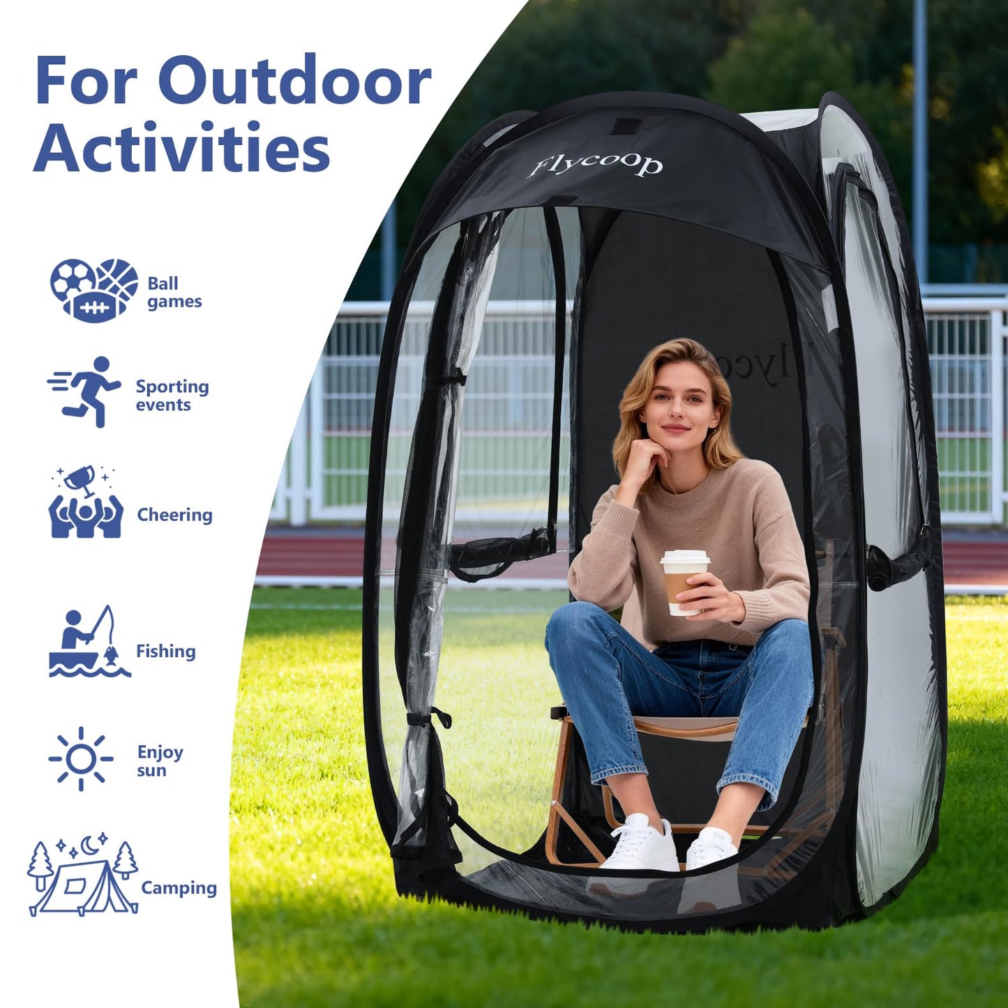 Sports Tent Pop Up Shelter: Flycoop 37" L x 37" W x 63" H Weather Sports Pod for 1 Person Shelter in Winter Portable Camping Tents Outdoor Cold Weather Screen Bubble House Pod Shade Tent (Black)