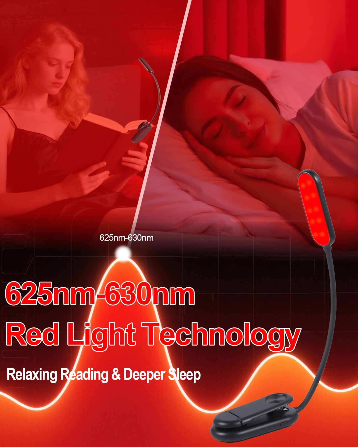 Finezeal 625nm Red Book Light - Rechargeable Clip On Red Reading Light Therapy for Sleep - No Blue-Light, Poratble LED Book Lamp, Gift for Kids Students Travel Nursing Studying - 3 Adjustable Modes