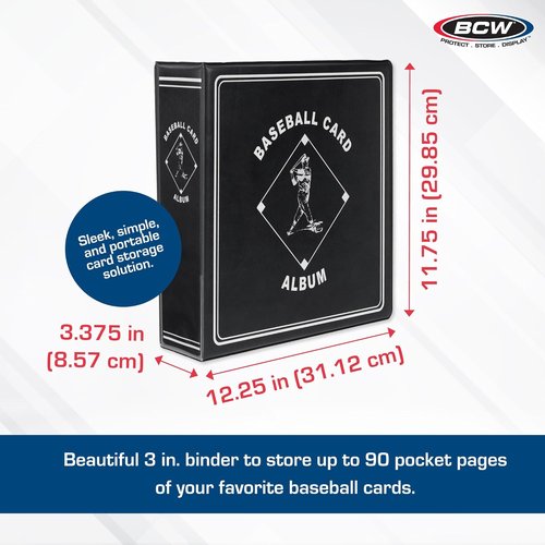 BCW Supplies 3" Baseball Album - Black | Premium Durable Binder for 90 Cards | Heavy-Duty D-Ring for Lasting Protection