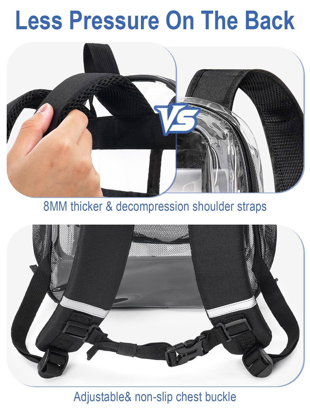 QOECI Heavy Duty Clear Backpack For Kids Women Men Boys Girls, 17 Inch Large See Through Backpack, 360° 3M Reflective Strips Clear Bookbag, Transparent Bag For School College Sport Work Travel, Black