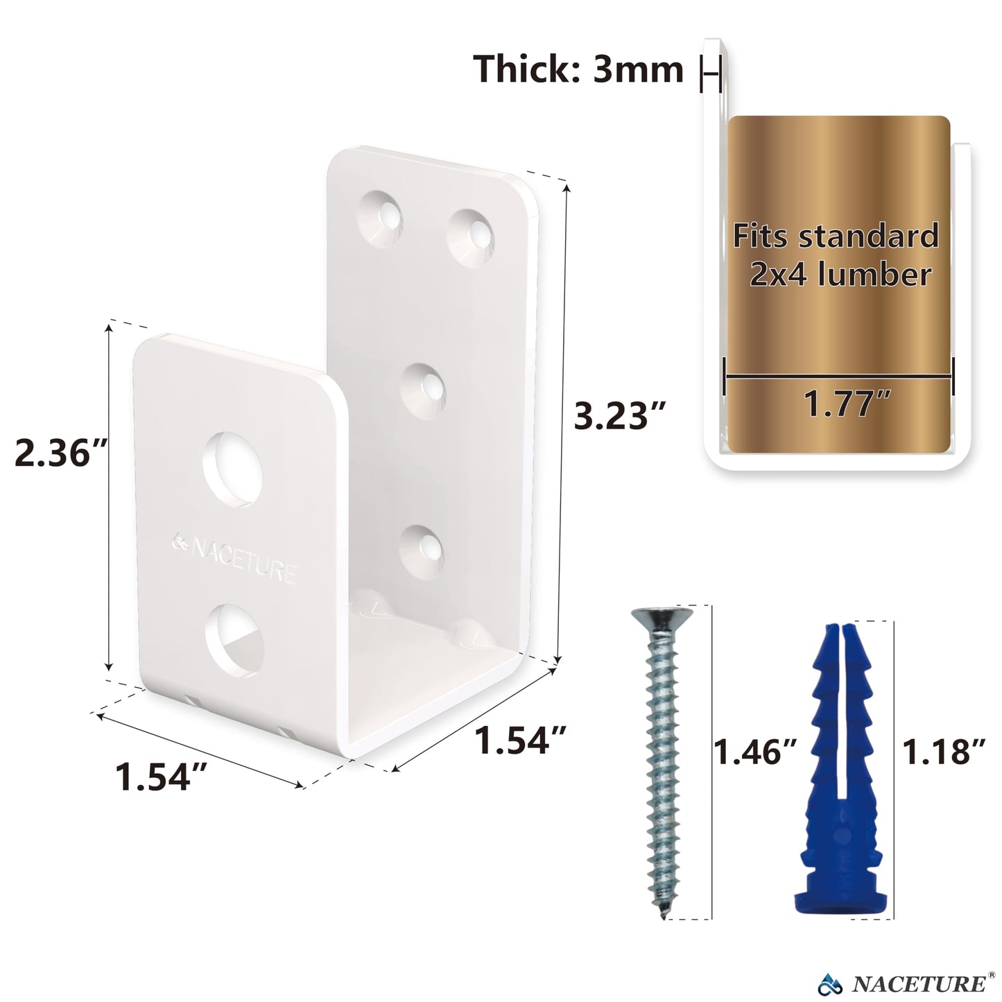 2 Pack White Door Barricade Brackets – Heavy Duty 2x4 U Bracket Door Brace Reinforcement Plates with Screws, Wall Mount Security Bar Holder for Front Door Safety, Anti-Rust Steel, Easy Install