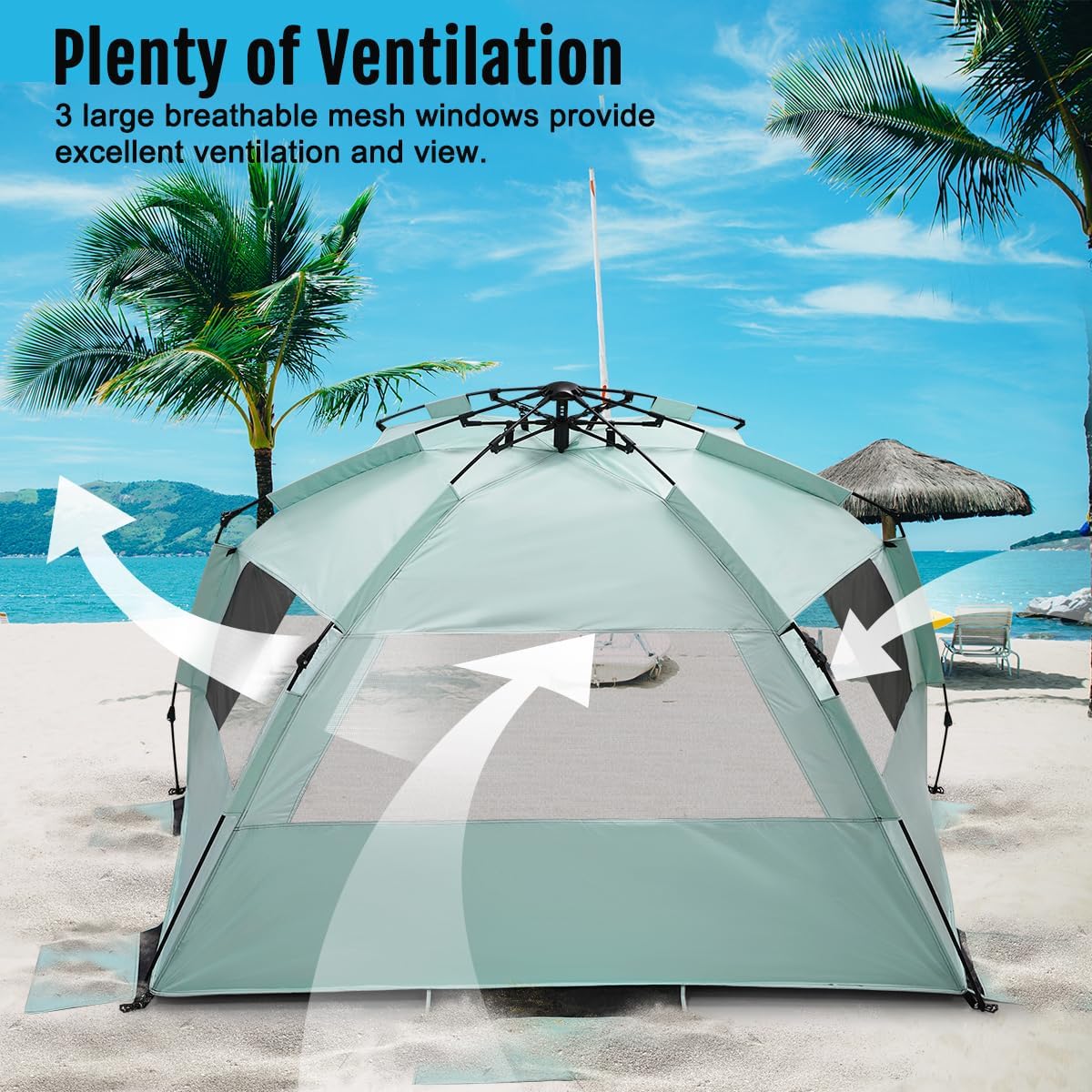 WhiteFang Deluxe Beach Tent - UV Protection Sun Shade Shelter for 3-6 People | Extendable Floor & Ventilating Windows