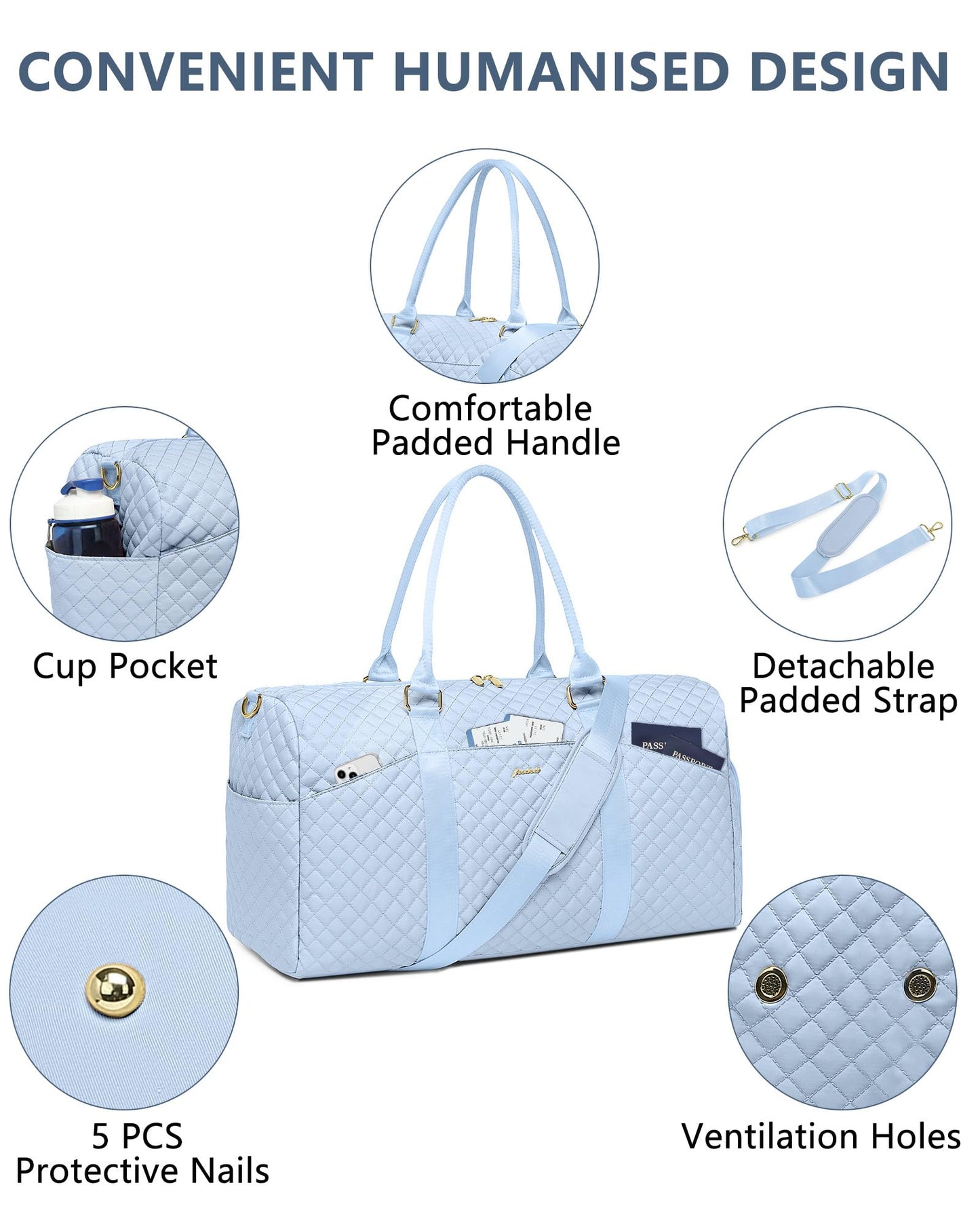 Women Weekender Travel Duffle Bag: Travel Duffel Overnight Bags with Shoe Compartment Large Carry on Tote with Toiletry Bag Weekend Traveling Yoga Gym Hospital Bag for Women with Wet Pocket Light Blue