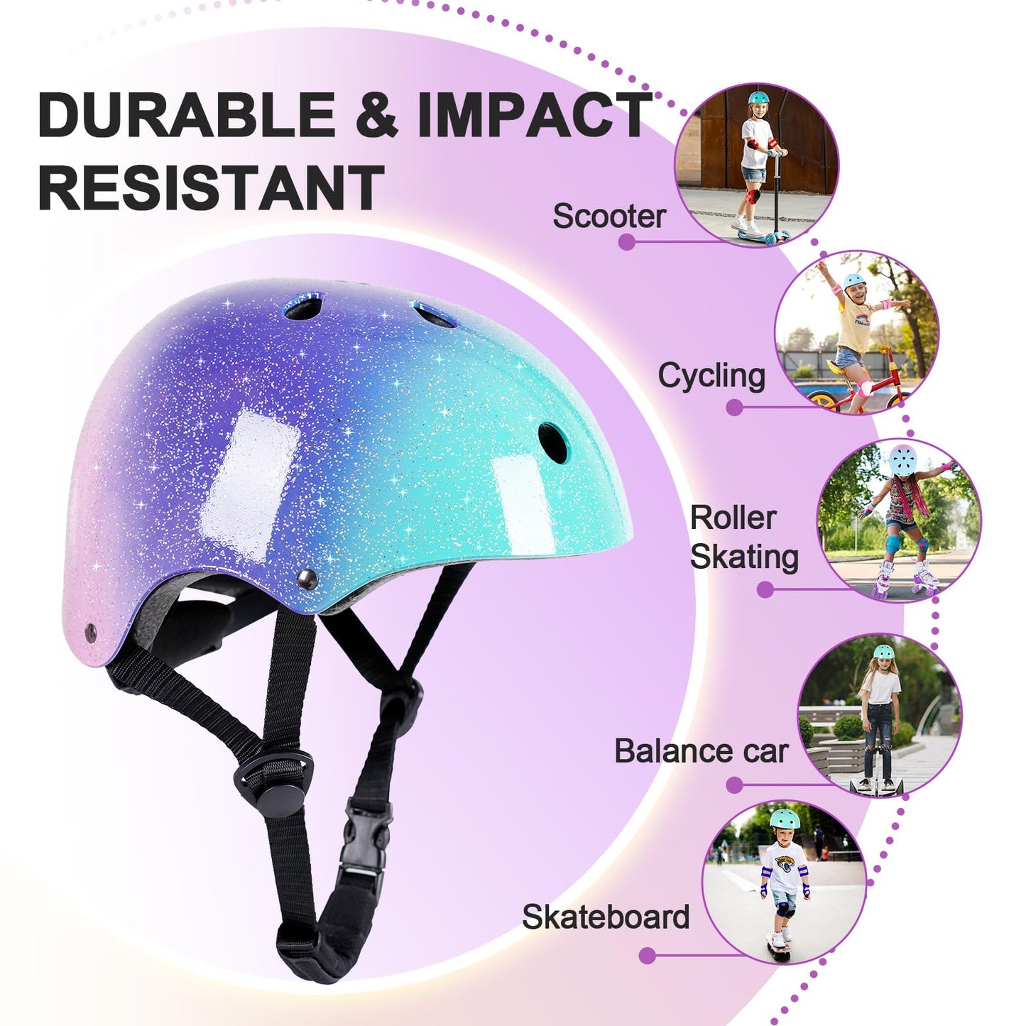 Kids Bike Helmet for 3-5-8-14 Years Kids Girls Boys Youth Bicycle Helmet for Scooter Balance Bike Roller Skating Skateboard Helmet (Greenpurplepink, Small)