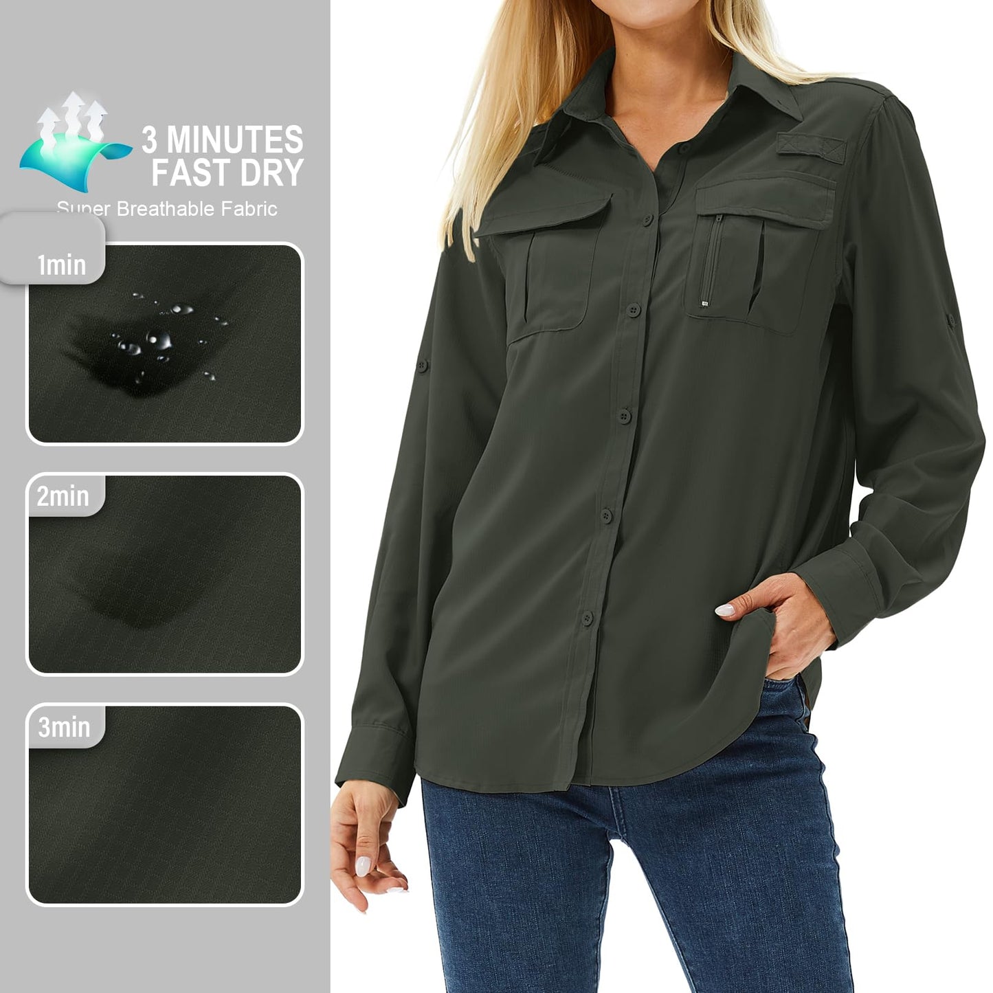 Toumett Women's UPF 50 Long Sleeve UV Sun Protection Safari Shirts Outdoor Quick Dry Fishing Hiking Travel Shirts(Amy Green,L,5071)