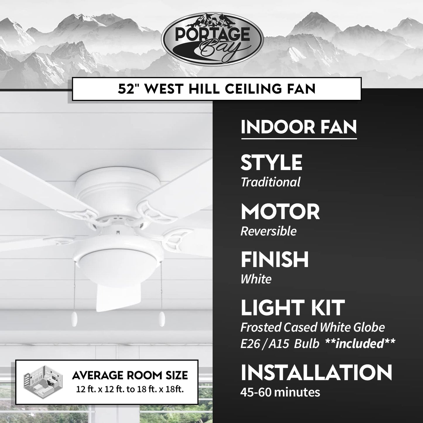 Portage Bay 50254 Hugger 52" White West Hill Ceiling Fan with Bowl Light Kit