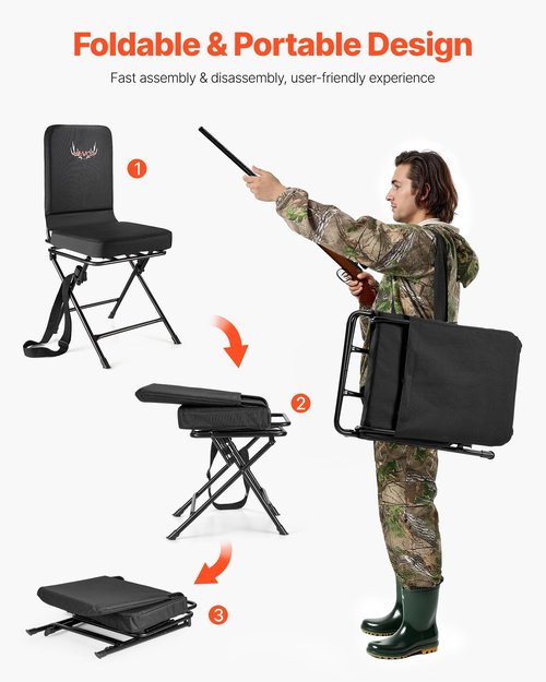VEVOR Hunting Chair, 360° Silent Swivel, Foldable Lightweight Portable Blind Chair, Heavy-Duty Steel Frame Ground Stool Seat, with Adjustable Shoulder Strap, 300 Lbs Capacity for Fishing, Camping