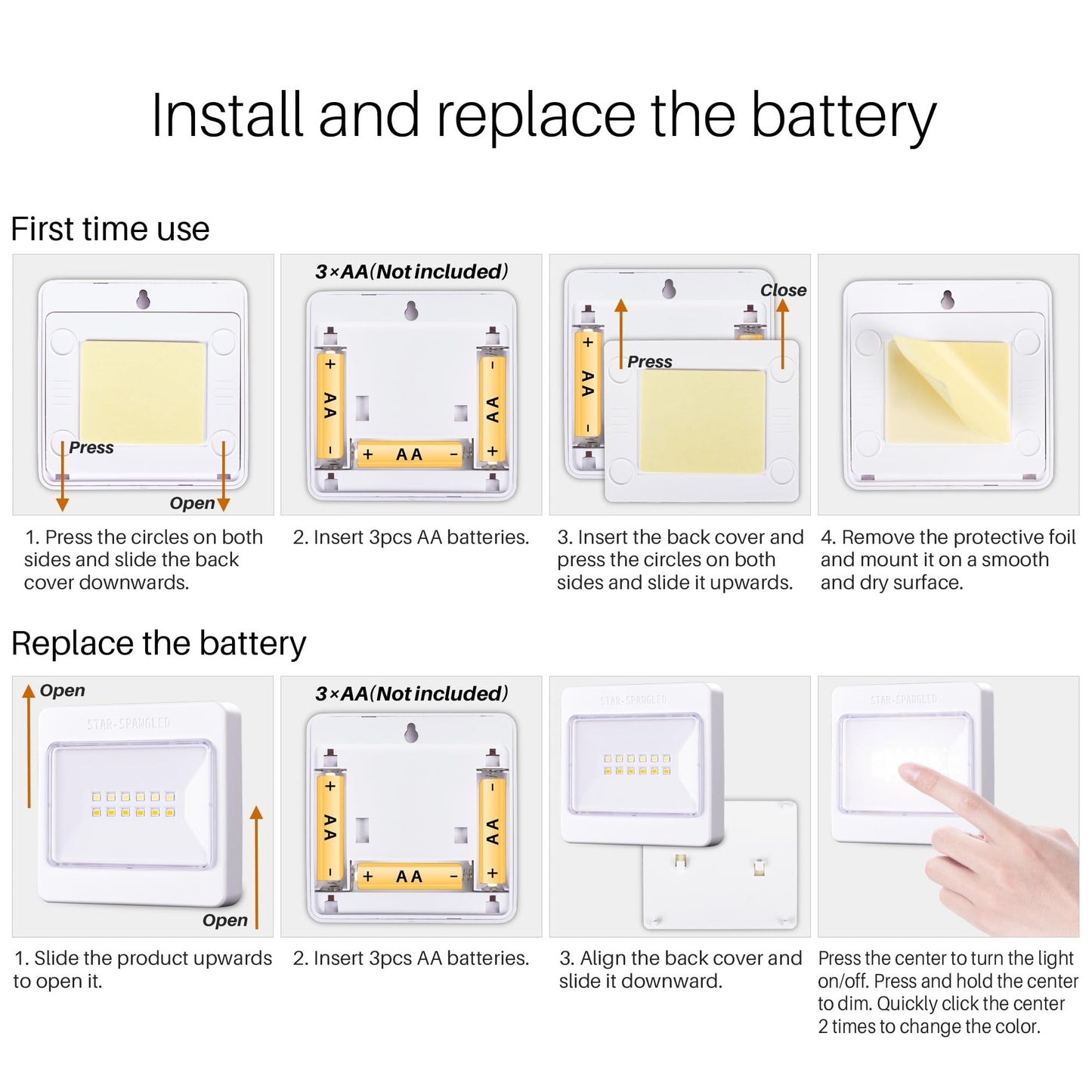 STAR-SPANGLED 3 Pack 3.7” Dimmable Push Tap Lights, Stick on LED Touch Lights AA Battery Operated, 3 Color Modes Sticky Button Lamps for Classroom, Kitchen, Under Cabinet, Closet