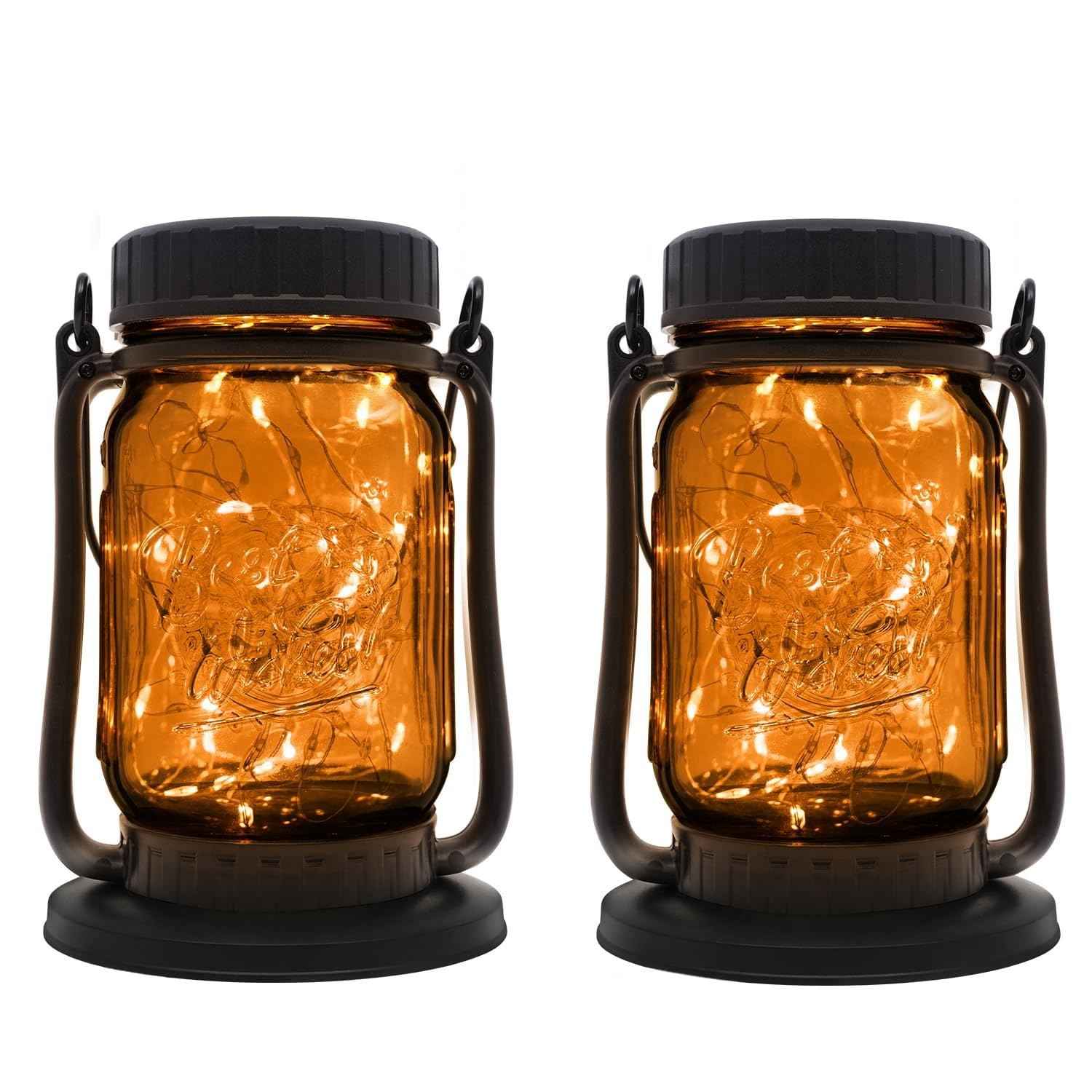 Mason Jar Lights - Solar Lantern Outdoor Waterproof, Hanging Solar Lights for Outside, Halloween, Fairy Twinkle Glass Decorative Lamp for Yard, Patio, Garden, Porch, Table, Wedding, Pack 2