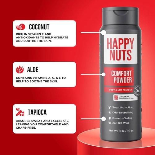 HAPPY NUTS Comfort Powder Deodorant for Men - Anti-Chafing & Odor Control | Aluminum-Free, 4 oz Original Scent
