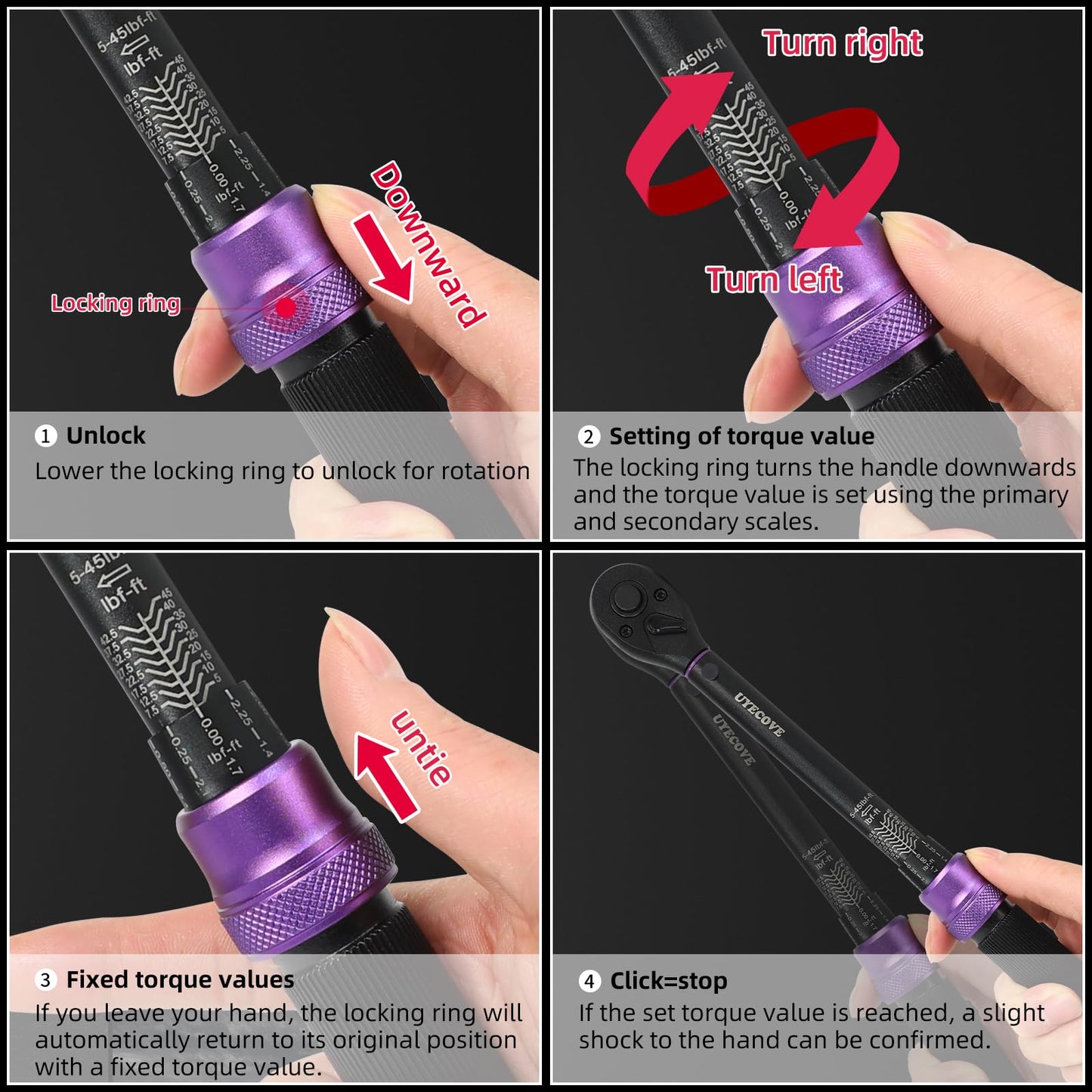 UYECOVE 1/4 3/8 1/2-inch Drive Click Torque Wrench, 4Pcs Torque Wrench Set 20-240 in.lb, 5-45 ft.lb, 20-160 ft.lb，with 1 Adapter，Adjustable Torque Wrench Set for Bike, Motorcycle, Car Maintenance