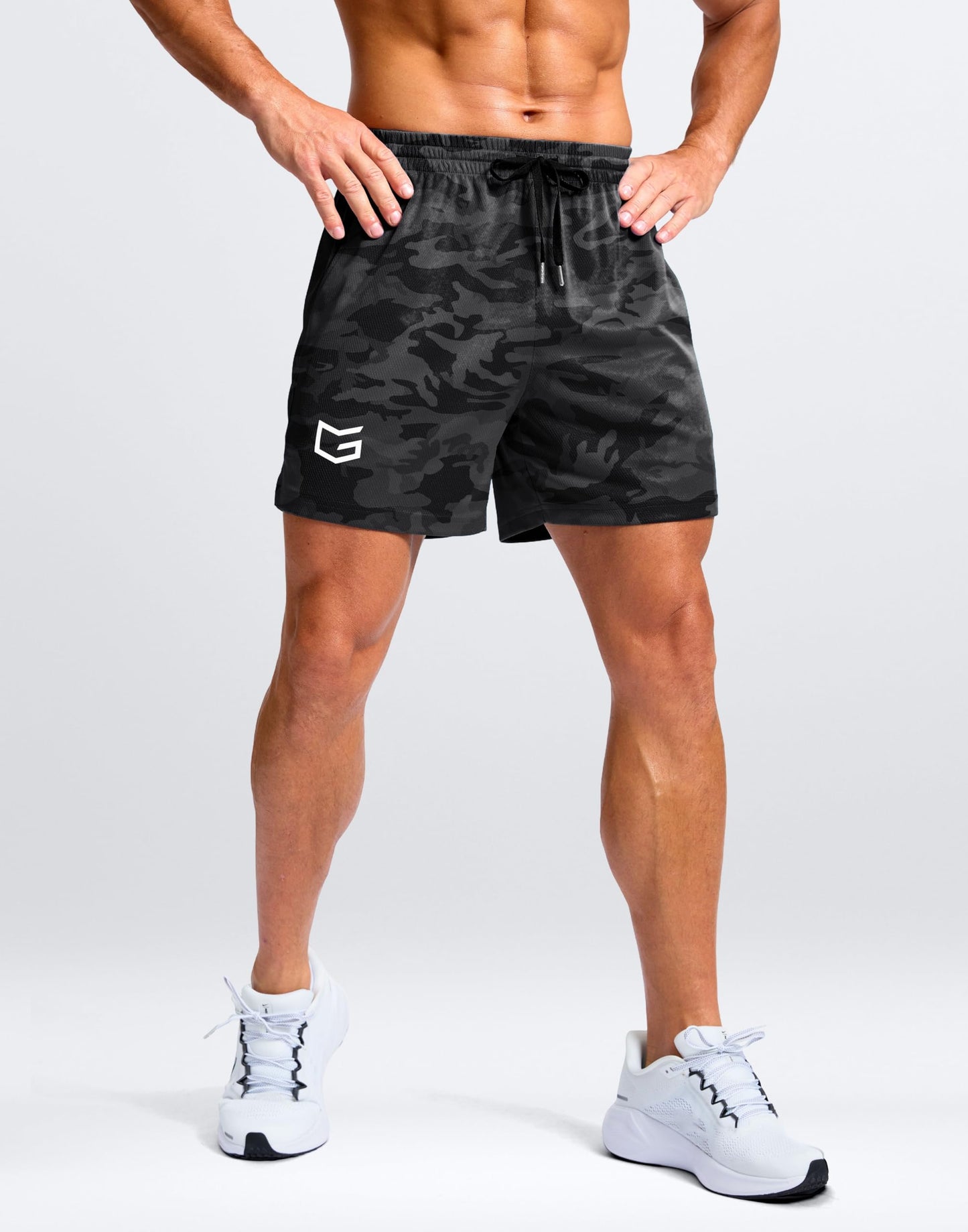 G Gradual Men's Athletic Workout Shorts with Pockets 5"/7"/9" Lightweight Quick Dry Gym Basketball Running Shorts for Men(Grey Camo,5-M)