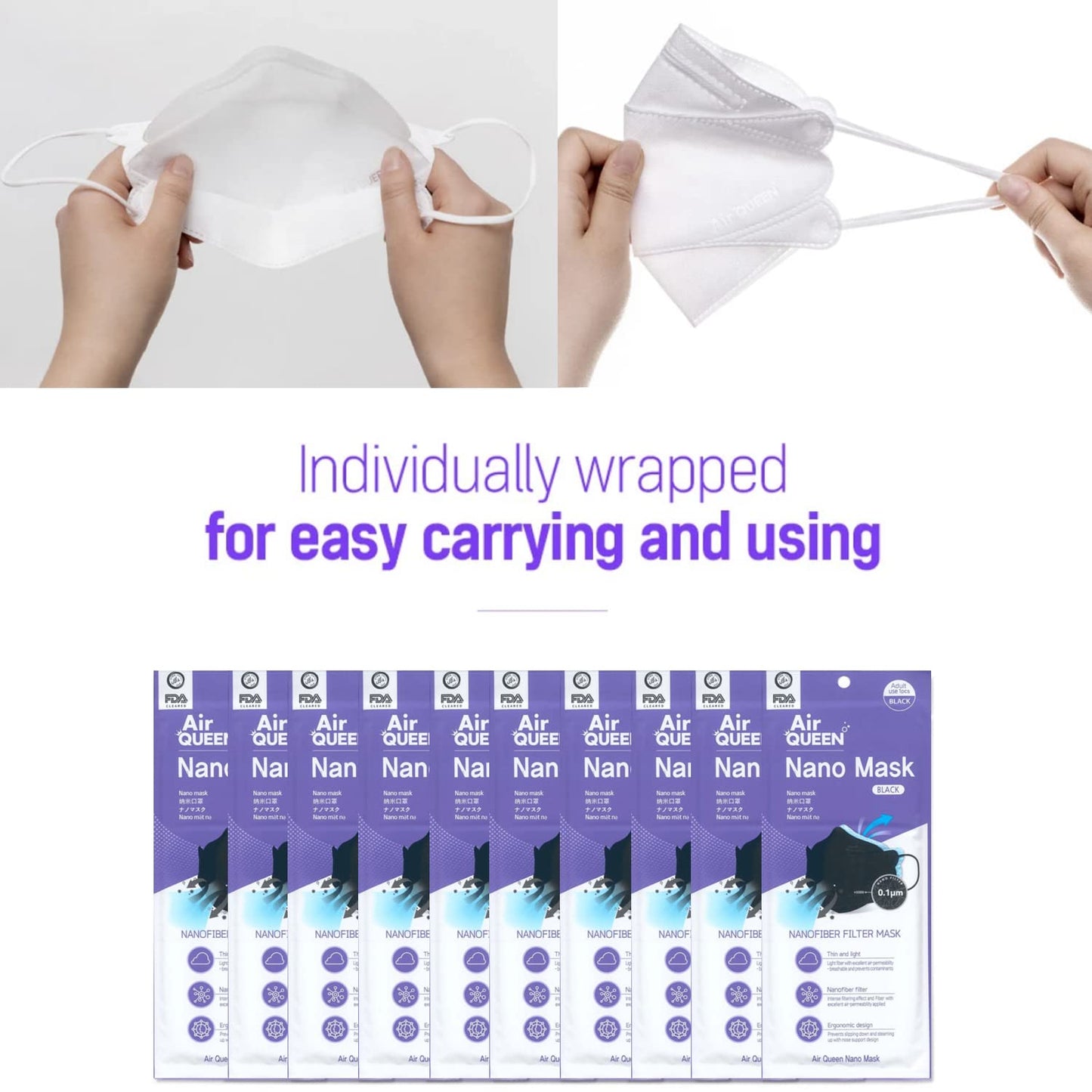 AIRQUEEN 3-Layer Nano-Filter Face Mask for Adults, Black 100 Pack, Lightweight and Breathable Face Mask, Reusable Face Mask