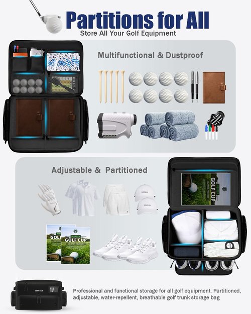 LOINTET Golf Trunk Organizer, Waterproof Car Golf Locker with Separate Ventilated Compartment for 2 Pair Shoes, Golf Storage for Balls, Tees, Cap, Clothes, Gloves, Accessories, Gifts for Men, Women
