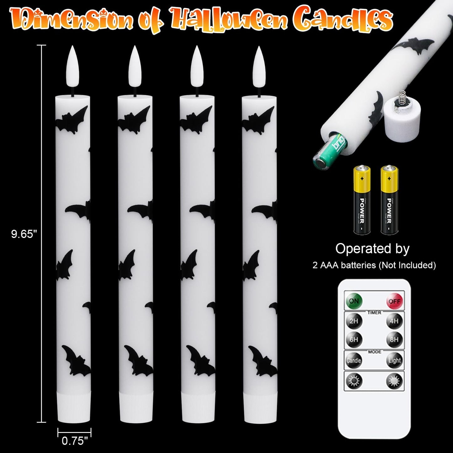Wondise Halloween Flameless Taper Candles with Remote & Timer, 4 Pack Bats Battery Operated Real Wax 3D Flame LED Flickering Candles for Halloween Table Decorations
