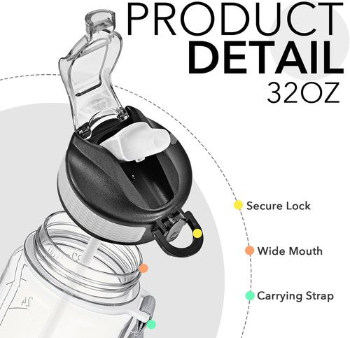Hyeta 32 oz Motivational Water Bottle - Time Marker & Straw | Leakproof Fitness Hydration