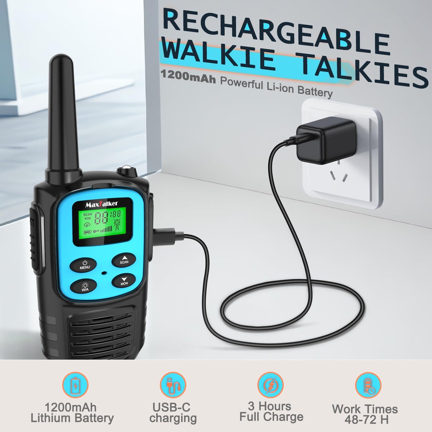 MaxTalker Walkie Talkies Long Range for Adults, Rechargeable Walkie Talkies 6 Pack with 22 FRS Channels, 2 Way Radios, NOAA, Li-ion Battery, LED Flashlight, VOX Gift for Family Hiking Camping