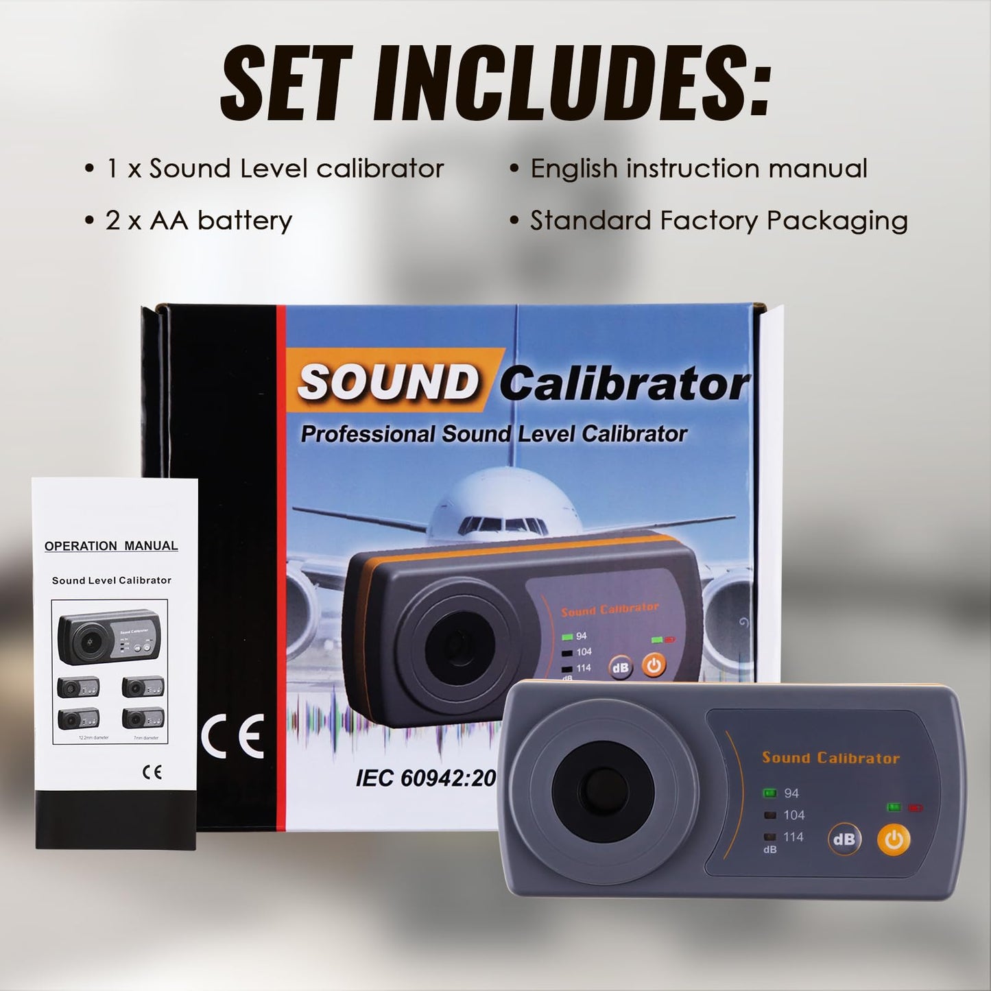 Sound Level Meter Calibrator, Precise Decibel Meter Calibrator with 3 Calibration Level 114dB & 94dB & 104dB, Professional Sound Pressure Level (SPL) Calibrator for Sound Level Meters