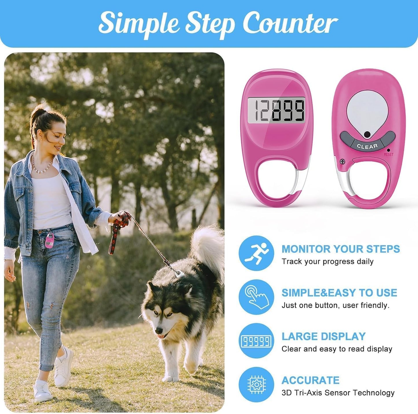 Simple Pedometer - Accurate Step Tracker with Carabiner | 3D Step Counter for Men & Seniors