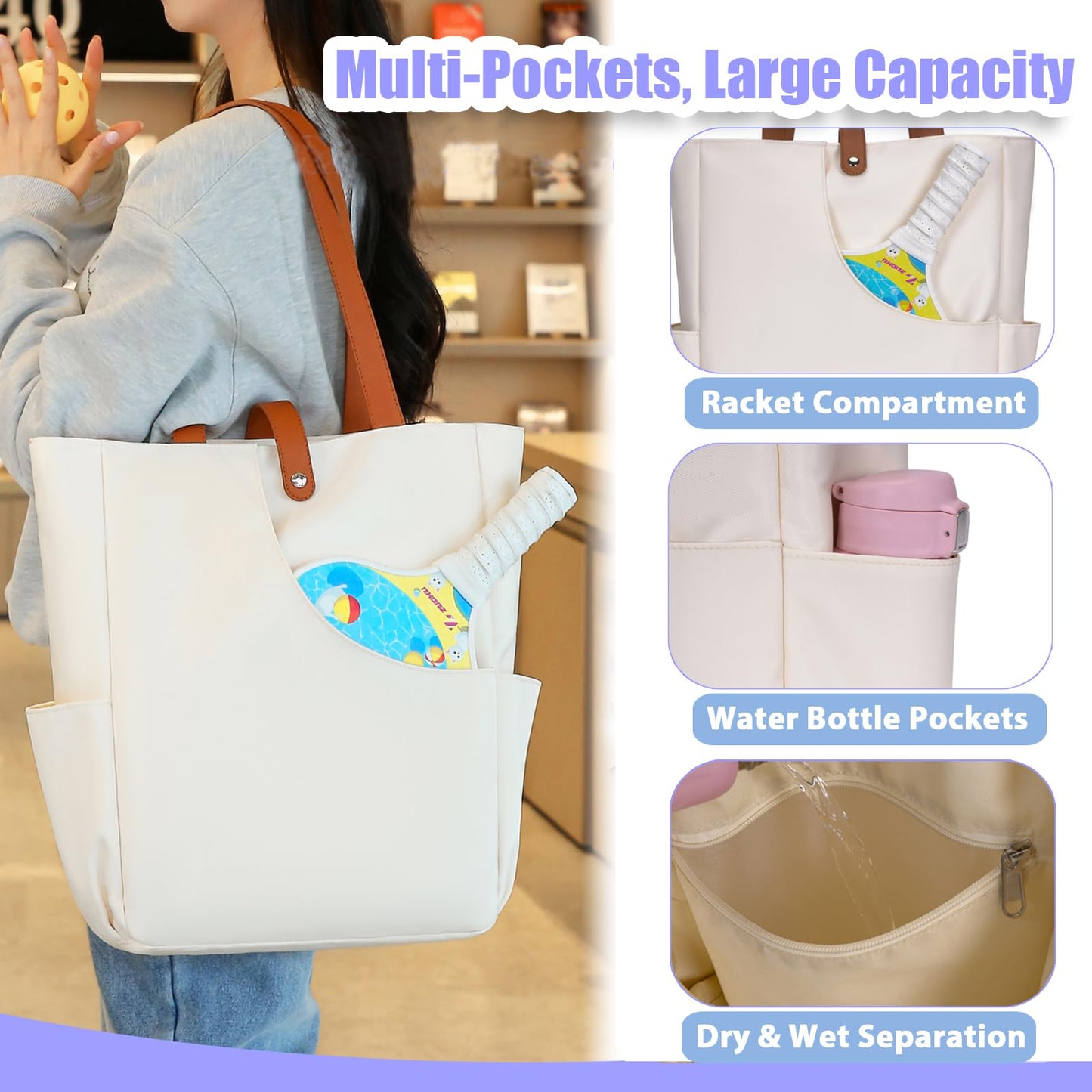 JIOWRT Pickleball Bags for Women and Men, Pickleball Gifts for Women Sling Backpack, Pickle Ball Tote Handbag with Pocket Cover Fits 2 Pickle Ball Paddles Essentials Accessories (Off White)