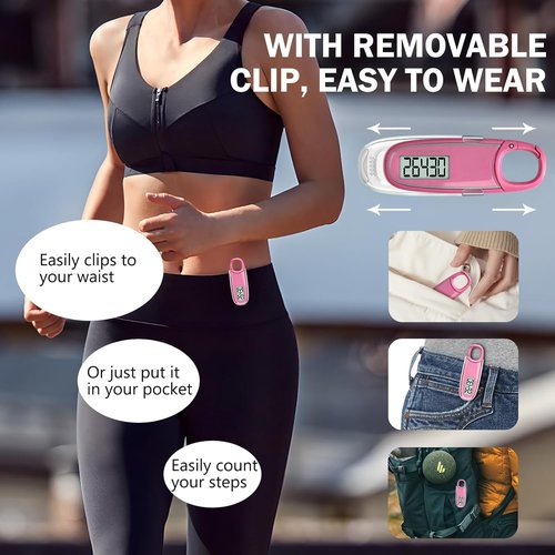 3D Pedometer for Walking with Removable Clip and Carabiner Simple Step Counter for Walking Accurate Clip On Step Tracker for Men Women Kids (Pink)